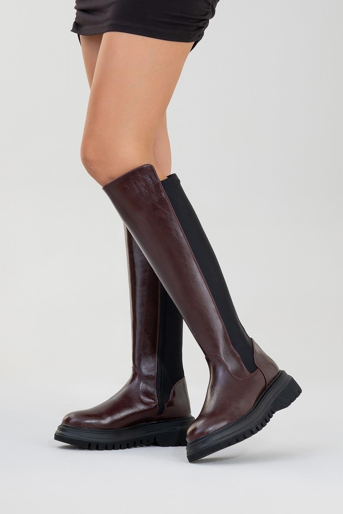 Shadow Burgundy Boot – back view showing leather, Vowalisse