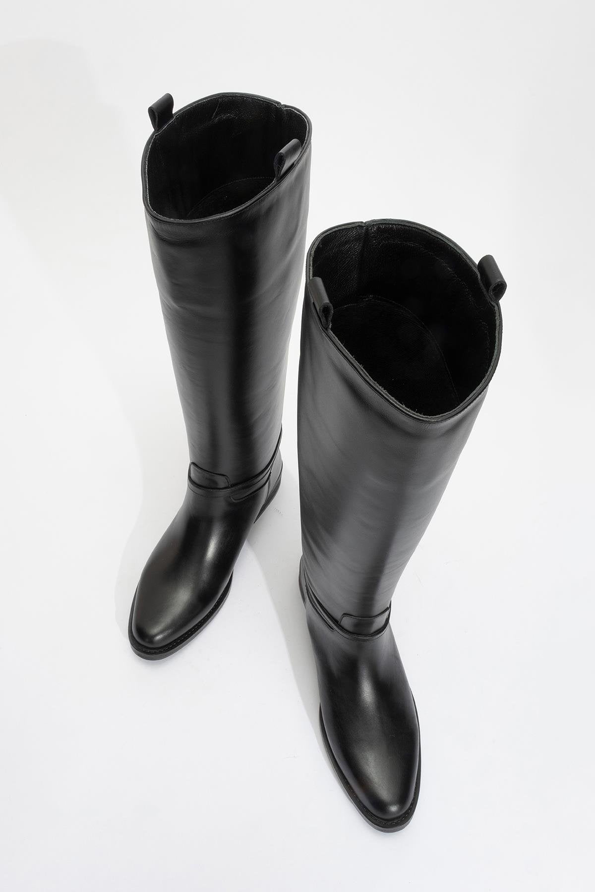 May Black Leather Buckle Boot – side view showing leather, black, gold, Vowalisse