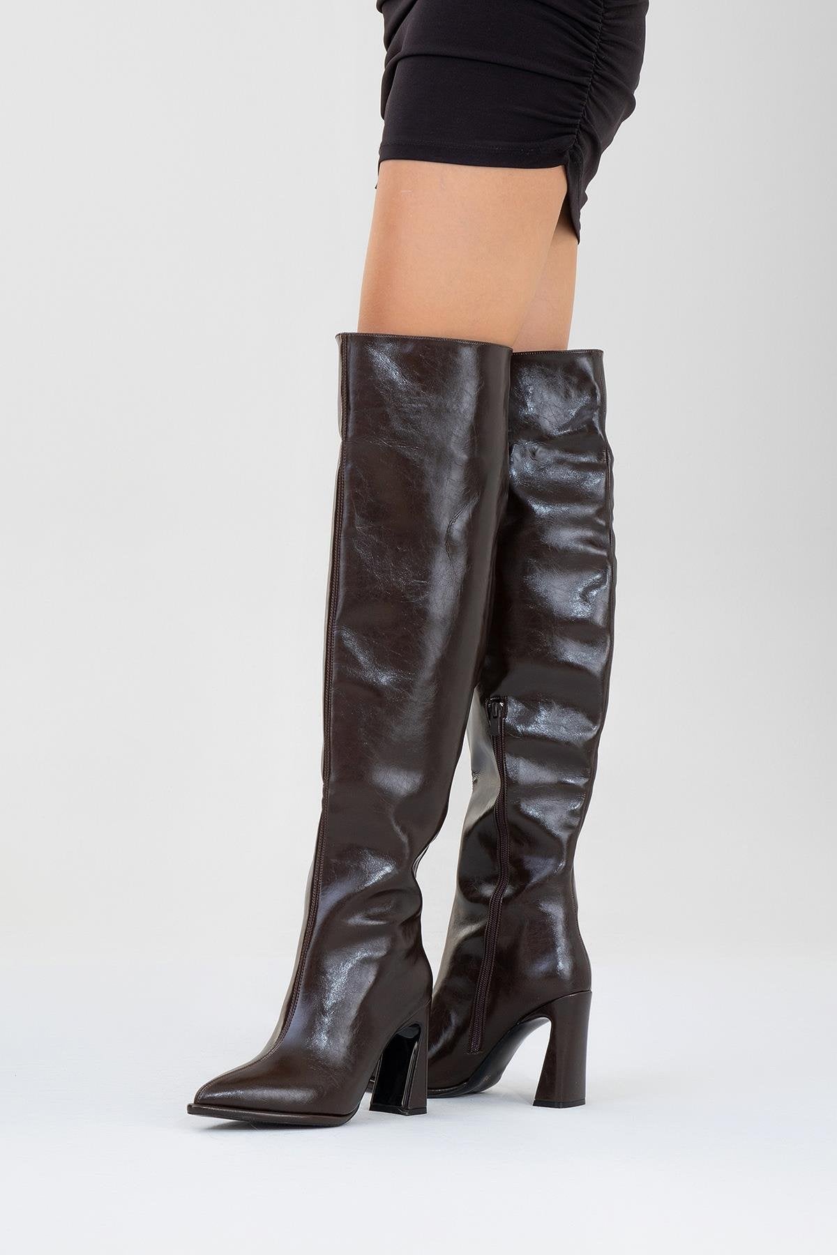 Lepa - Brown Chunky Heel Over-The-Knee Boot – sole view showing leather, Vowalisse