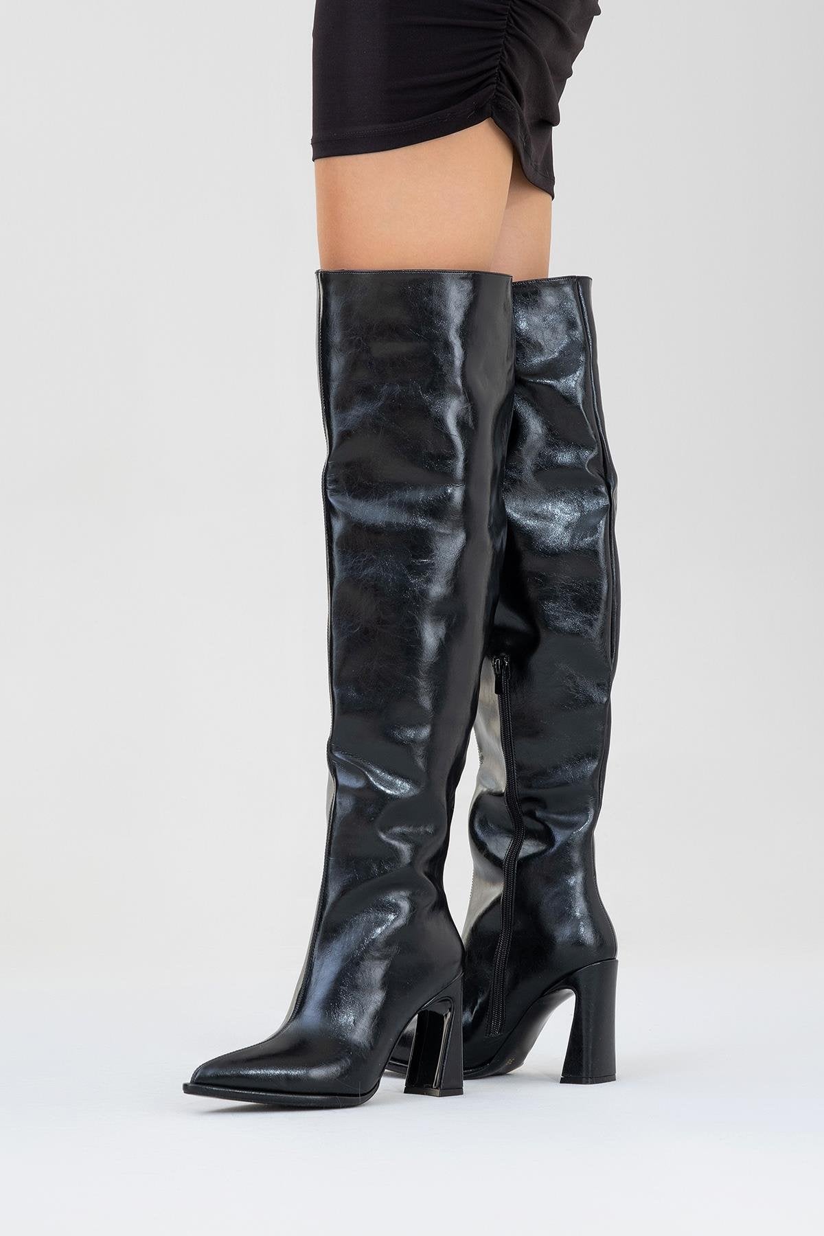 Lepa - Black Chunky Heel Over-The-Knee Boot – sole view showing leather, black, Vowalisse