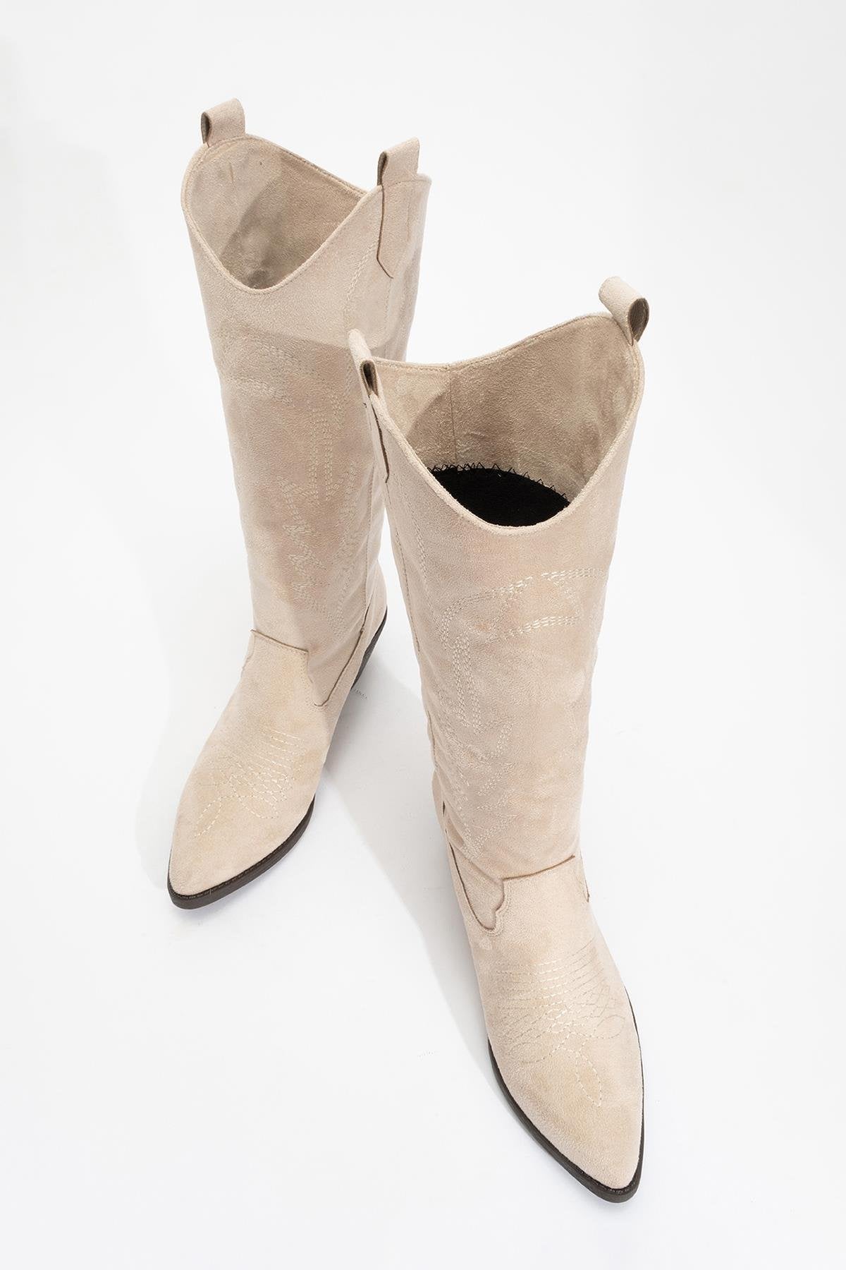 Liana - Beige Suede Chunky Heel Western Boot – side view showing leather, suede, red, Vowalisse