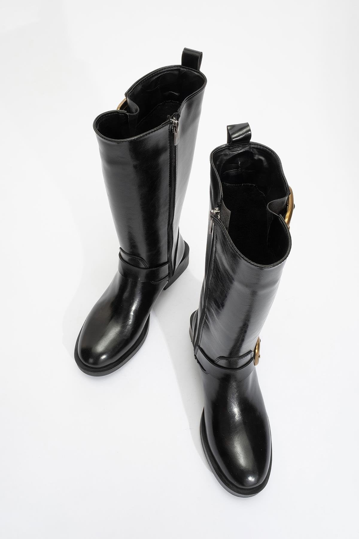 Grand - Black Gold Buckle Mid-Calf Boot – side view showing leather, black, gold, Vowalisse