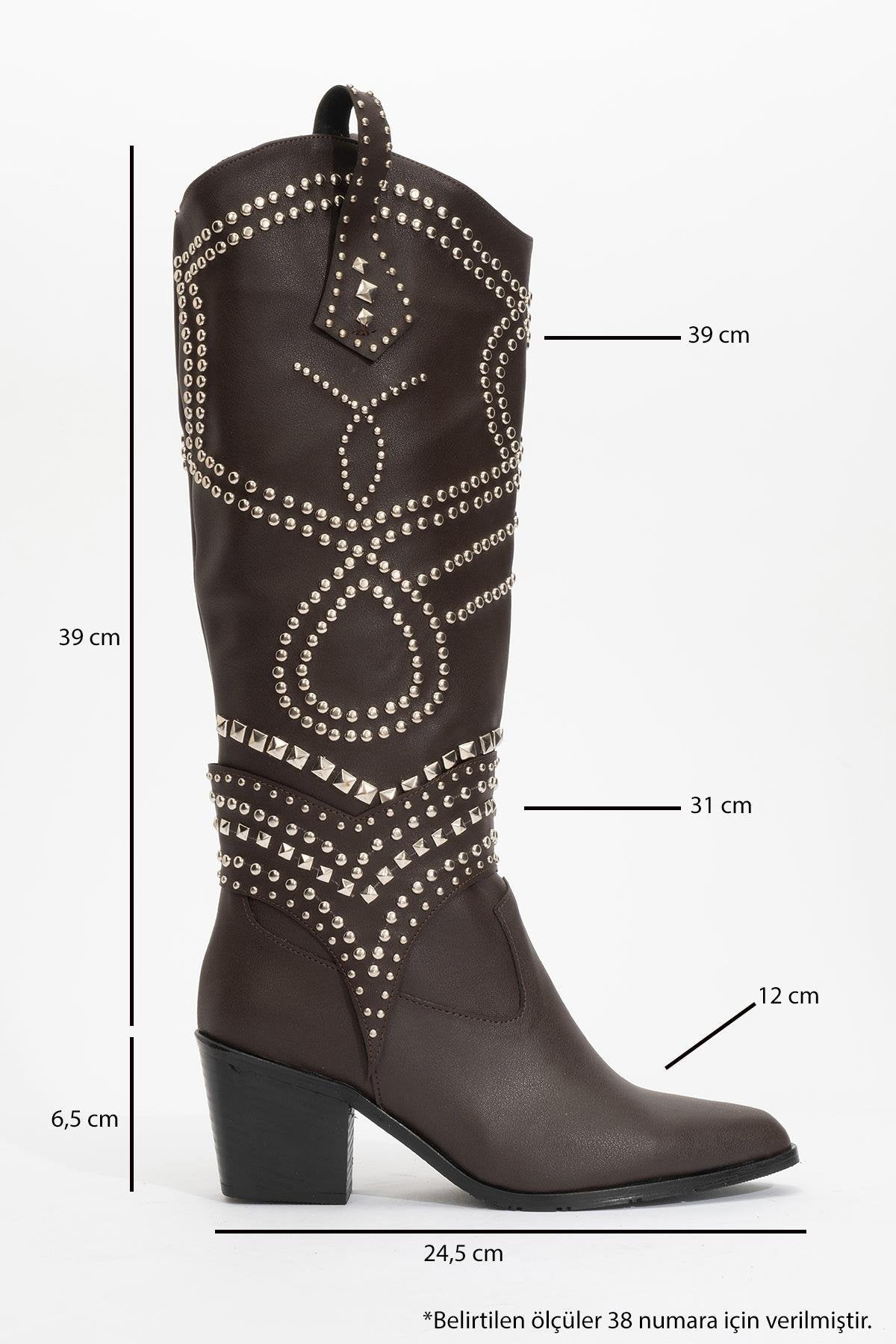 Draga - Brown Studded Block Heel Knee-High Boot – heel view showing leather, Vowalisse