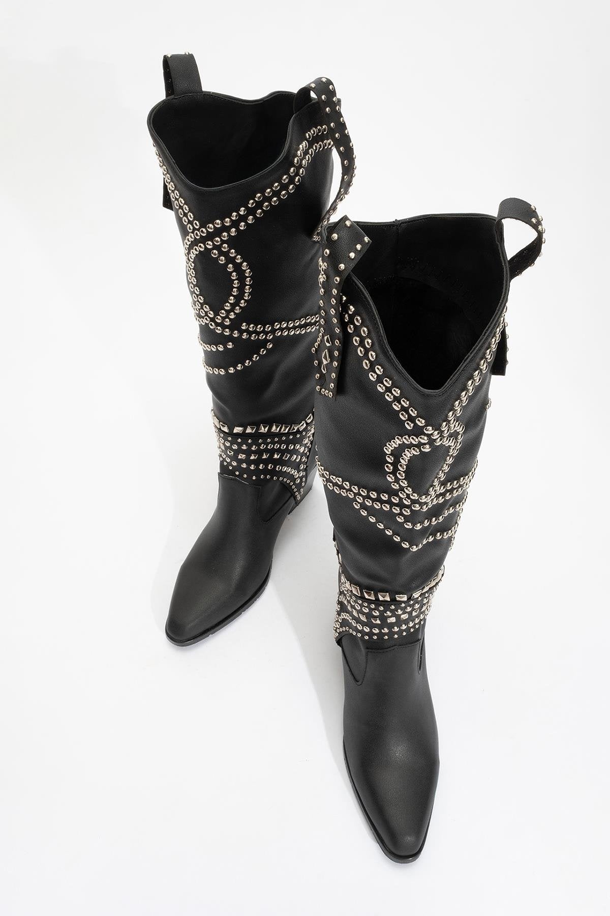 Draga - Black Studded Block Heel Knee-High Boot – side view showing leather, black, Vowalisse