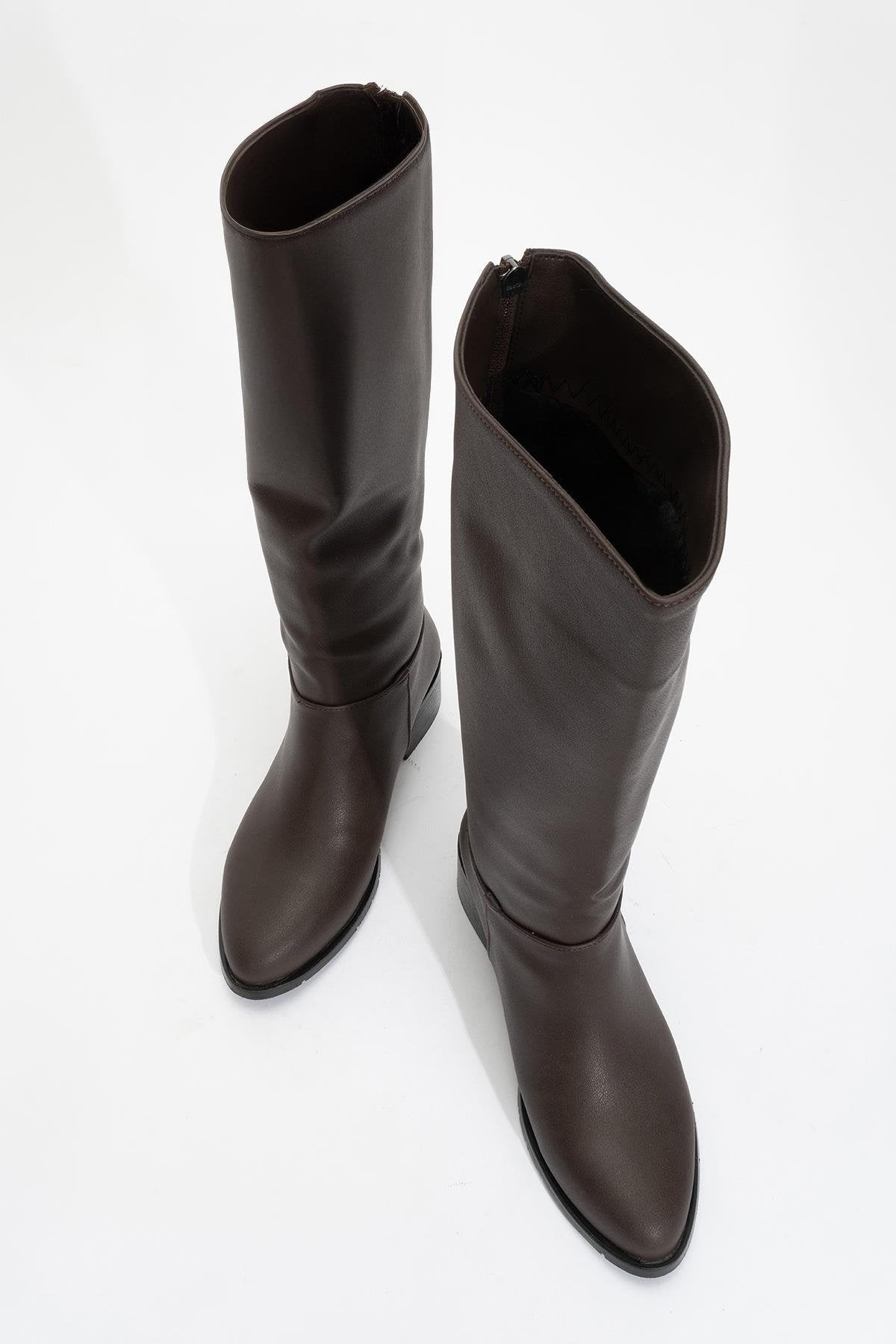 Svetlo - Brown Back-Zip Knee-High Boot – side view showing leather, Vowalisse