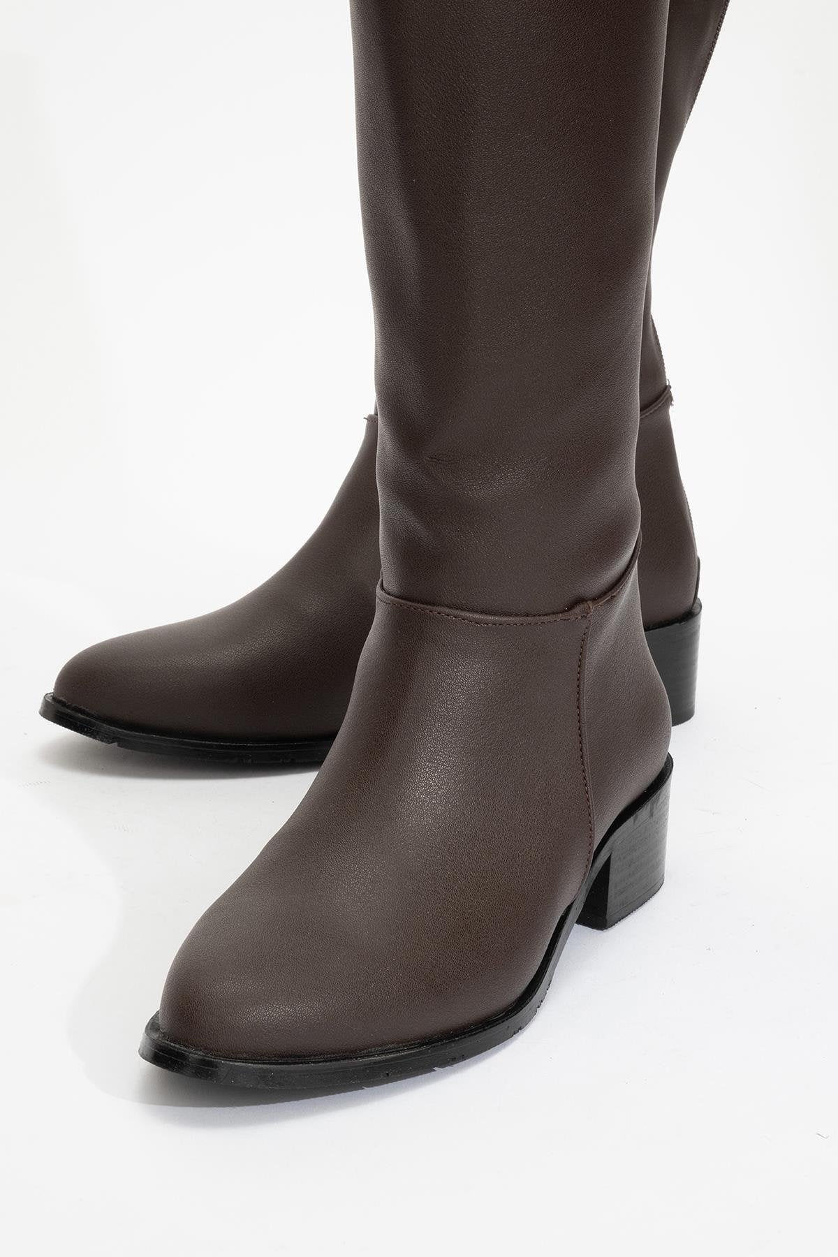 Svetlo - Brown Back-Zip Knee-High Boot – detail view showing leather, Vowalisse