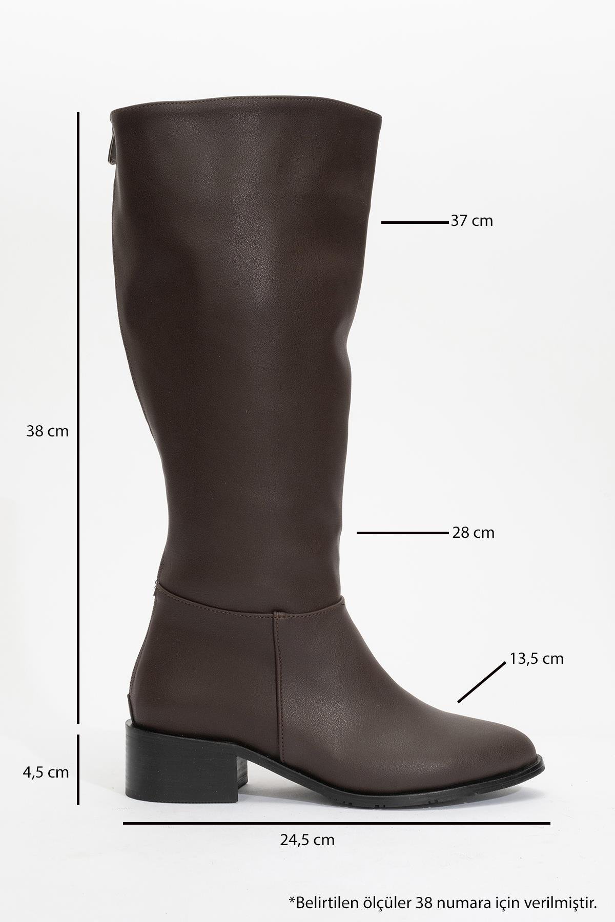 Svetlo - Brown Back-Zip Knee-High Boot – heel view showing leather, Vowalisse