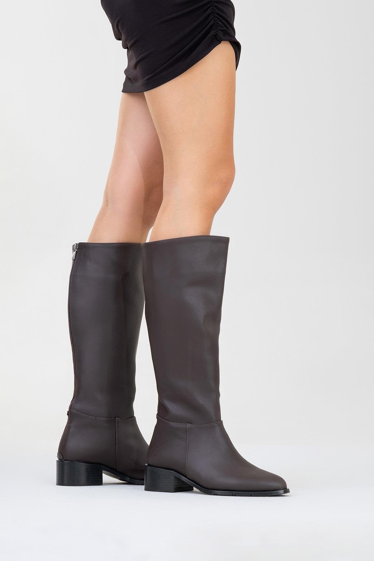 Svetlo - Brown Back-Zip Knee-High Boot – sole view showing leather, Vowalisse