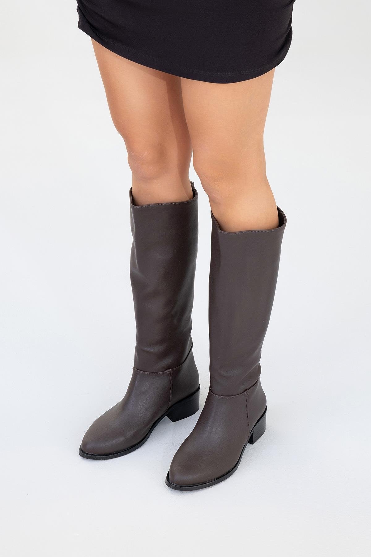 Svetlo - Brown Back-Zip Knee-High Boot – pair view showing leather, Vowalisse
