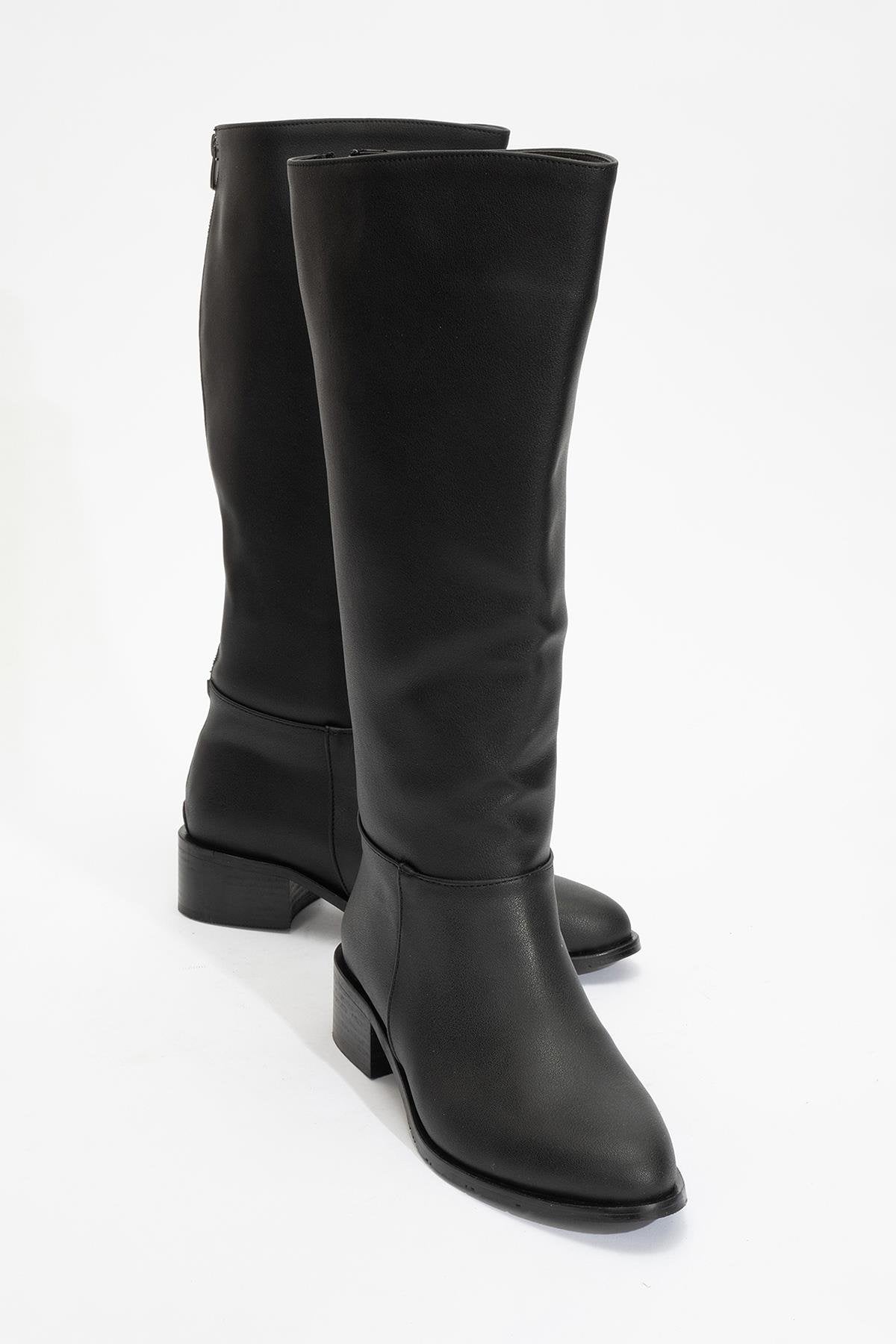 Svetlo - Black Back-Zip Knee-High Boot – front three-quarter view showing leather, black, Vowalisse