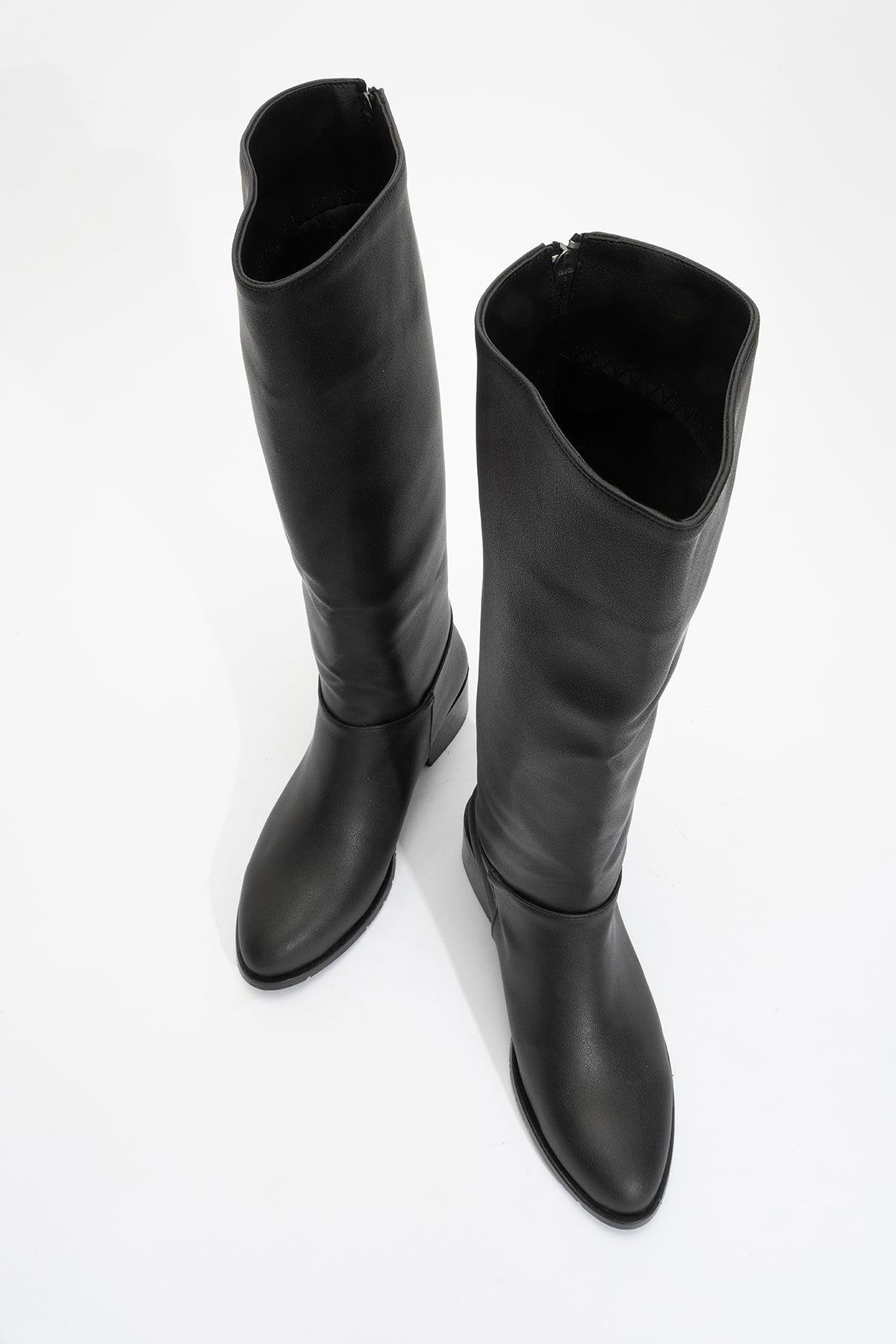 Svetlo - Black Back-Zip Knee-High Boot – side view showing leather, black, Vowalisse
