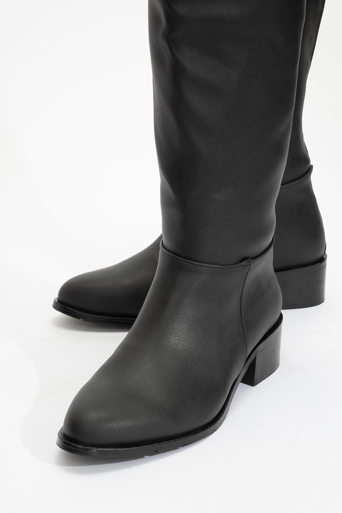 Svetlo - Black Back-Zip Knee-High Boot – detail view showing leather, black, Vowalisse