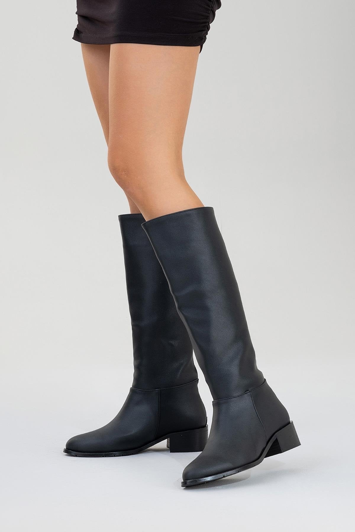 Svetlo - Black Back-Zip Knee-High Boot – back view showing leather, black, Vowalisse