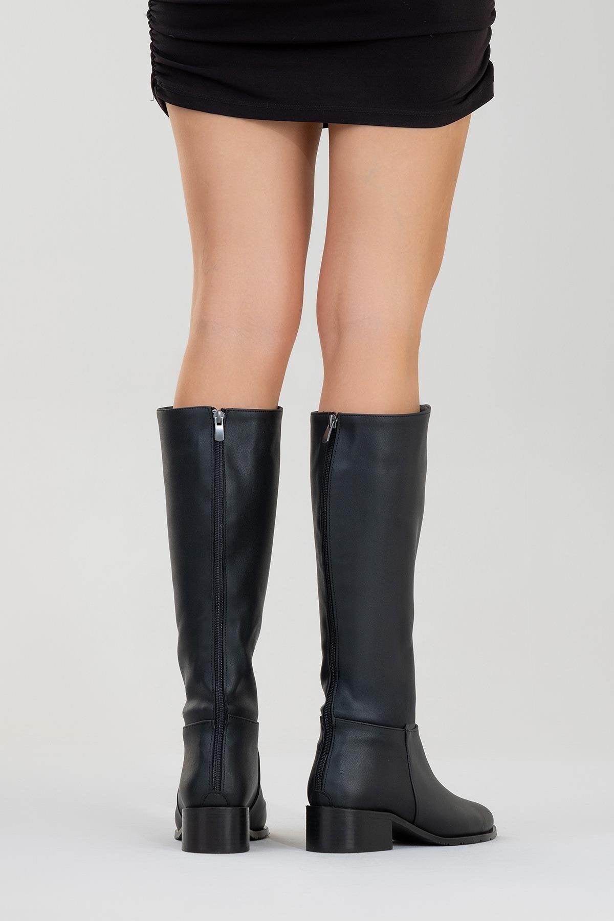 Svetlo - Black Back-Zip Knee-High Boot – top view showing leather, black, Vowalisse