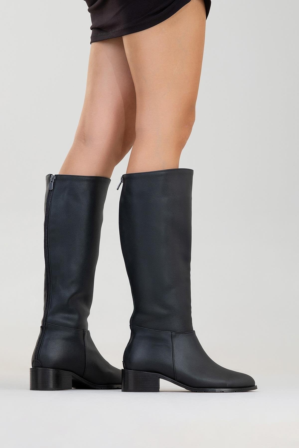 Svetlo - Black Back-Zip Knee-High Boot – sole view showing leather, black, Vowalisse
