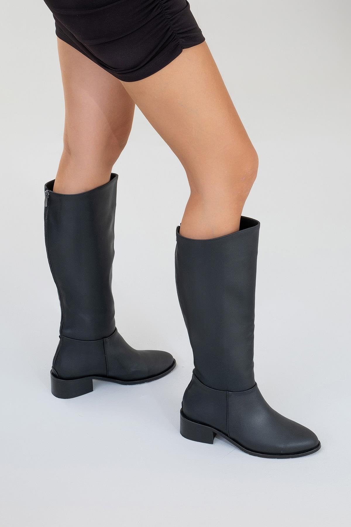 Svetlo - Black Back-Zip Knee-High Boot – pair view showing leather, black, Vowalisse