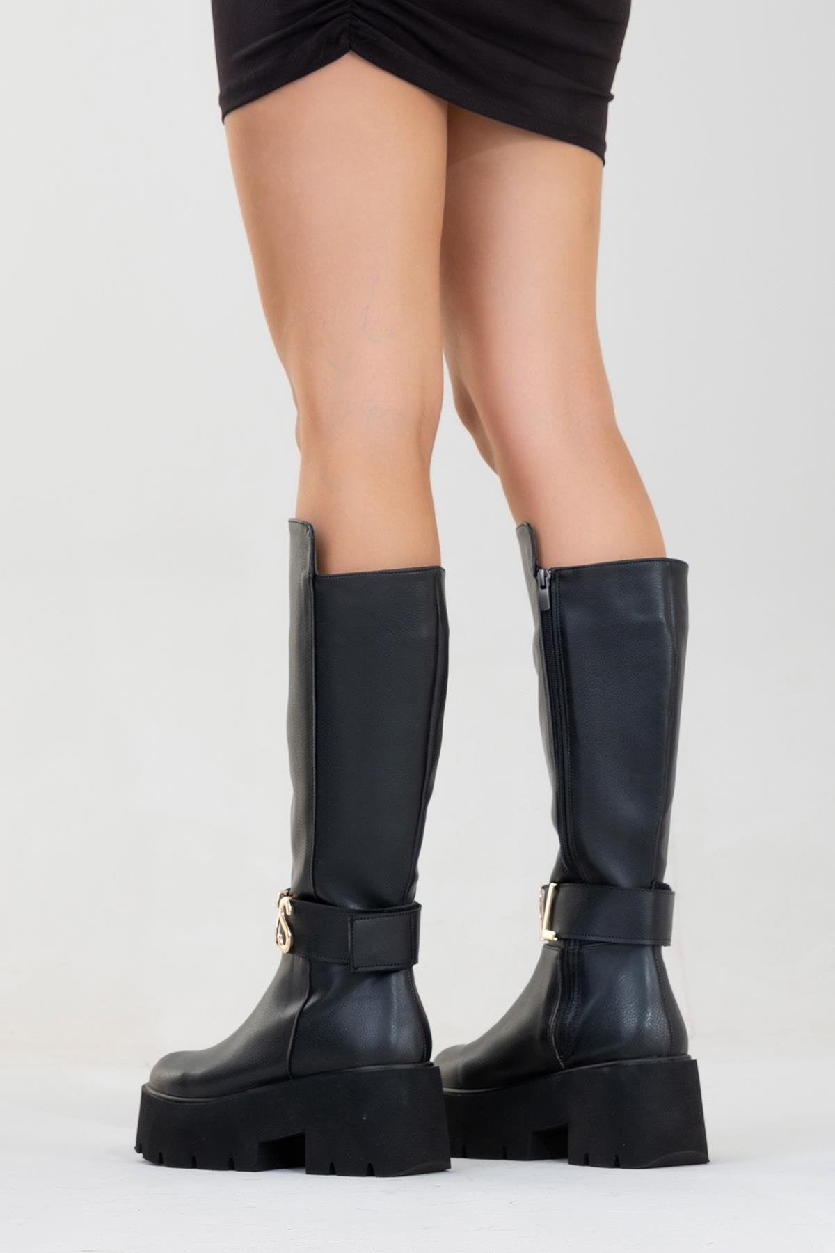 Doras - Black Platform Heel Knee-High Boot – sole view showing leather, black, Vowalisse