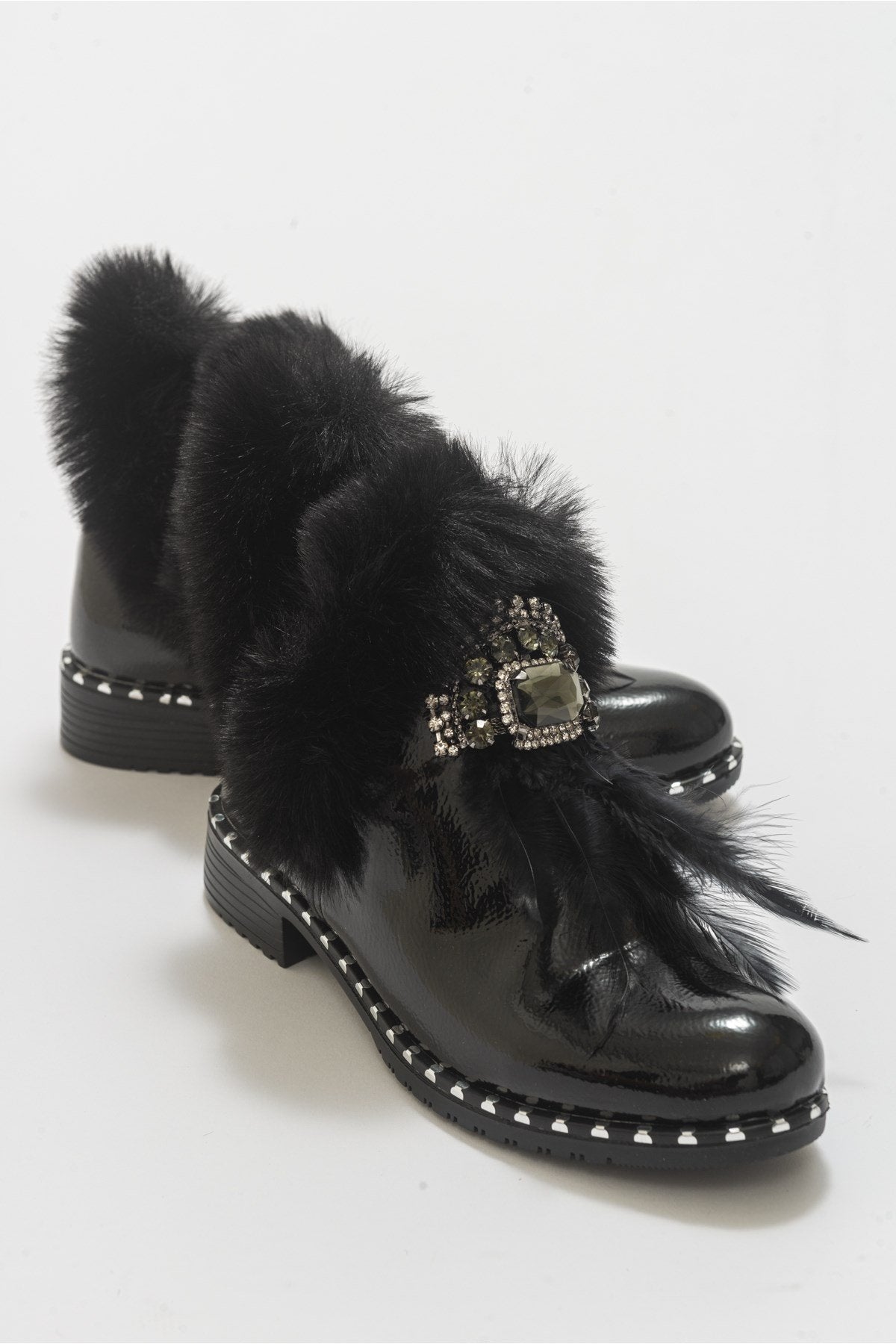 Polina Black Patent Fur Boots – front three-quarter view showing leather, black, Vowalisse