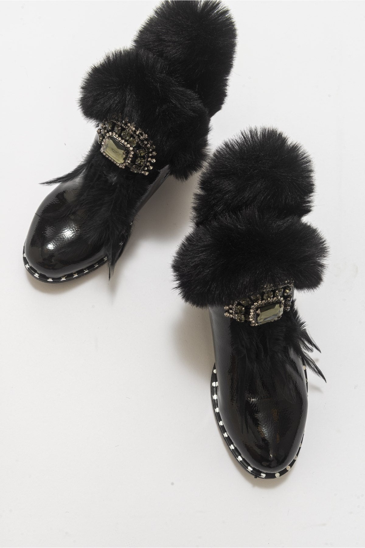 Polina Black Patent Fur Boots – side view showing leather, black, Vowalisse