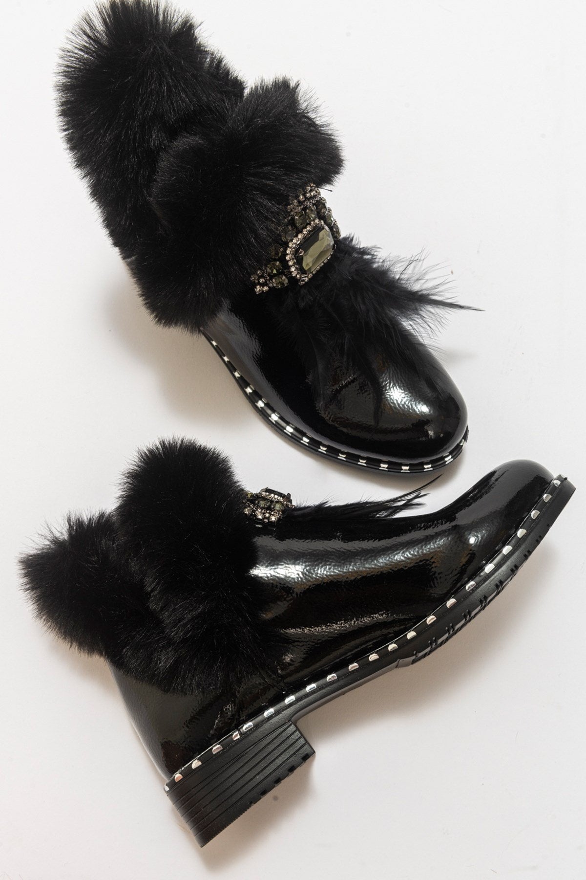 Polina Black Patent Fur Boots – detail view showing leather, black, Vowalisse