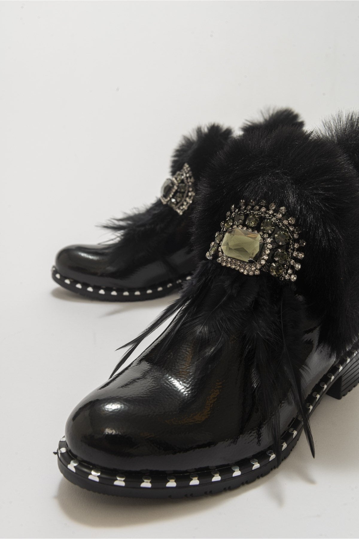 Polina Black Patent Fur Boots – heel view showing leather, black, Vowalisse
