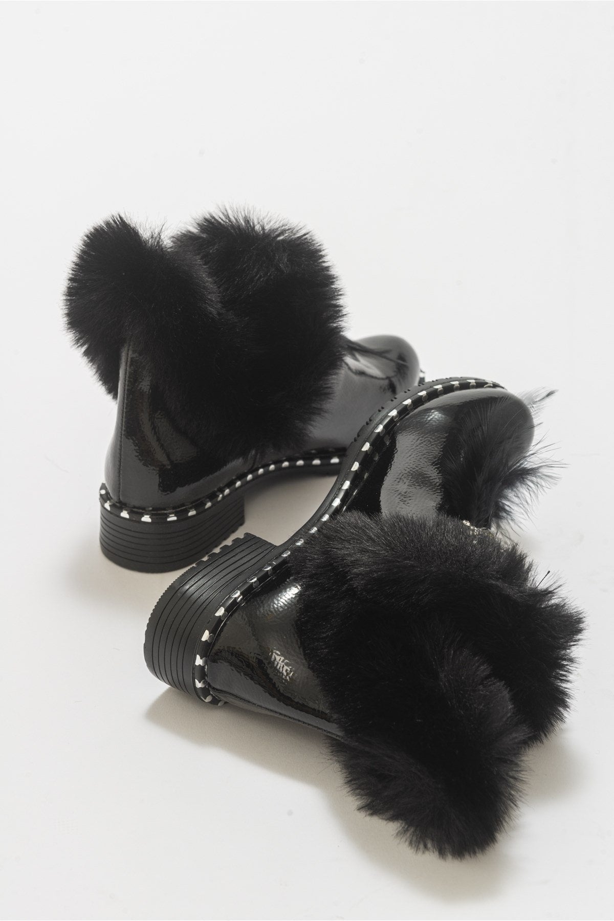 Polina Black Patent Fur Boots – back view showing leather, black, Vowalisse