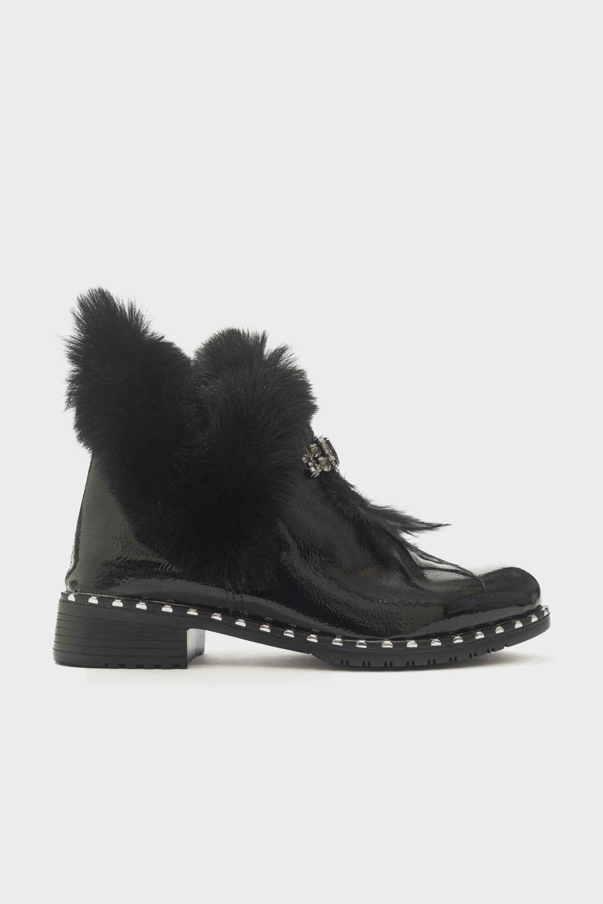 Polina Black Patent Fur Boots – top view showing leather, black, Vowalisse