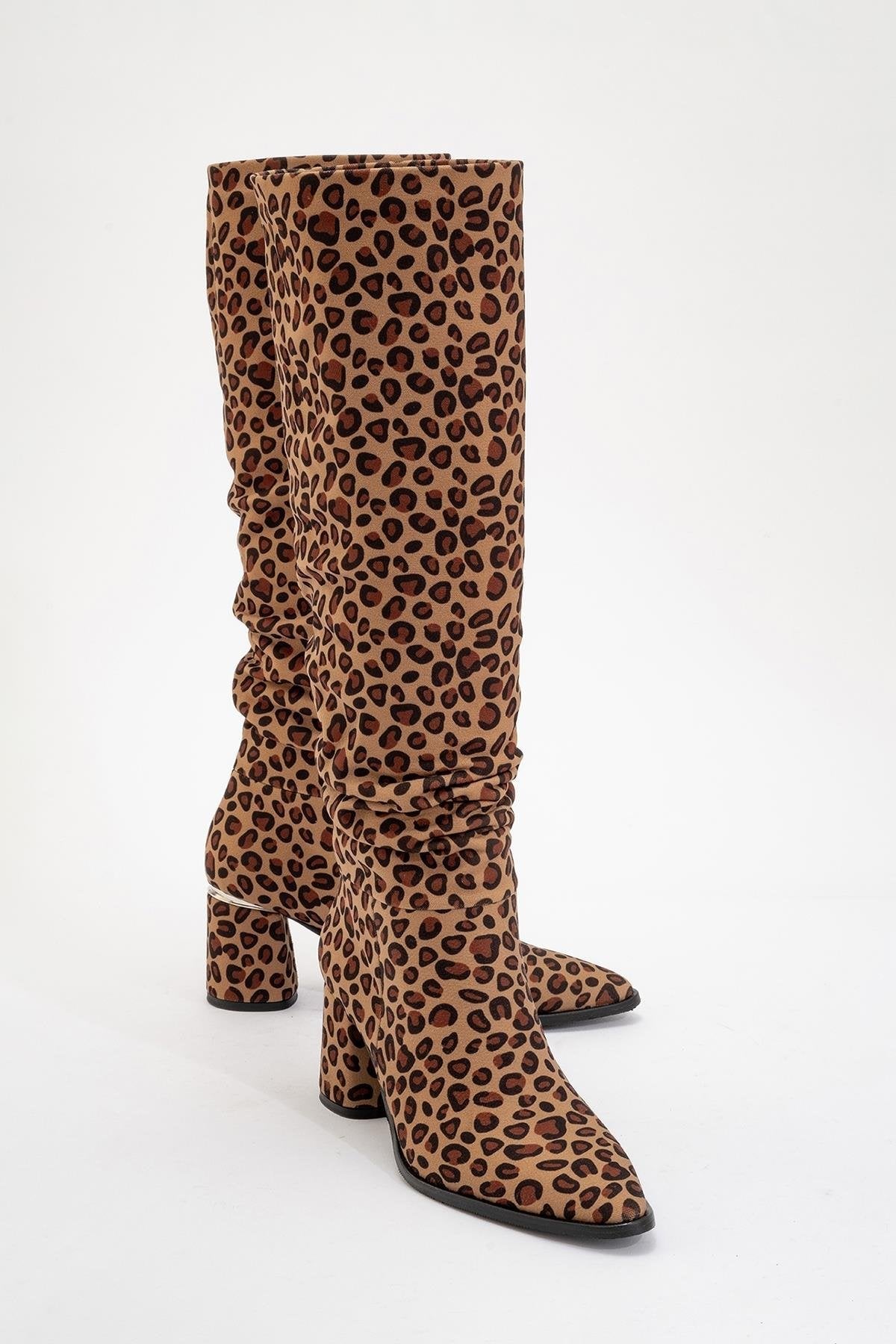 120 - Black Yellow Patterned Gusseted Knee-High Boot – front three-quarter view showing leather, black, Vowalisse