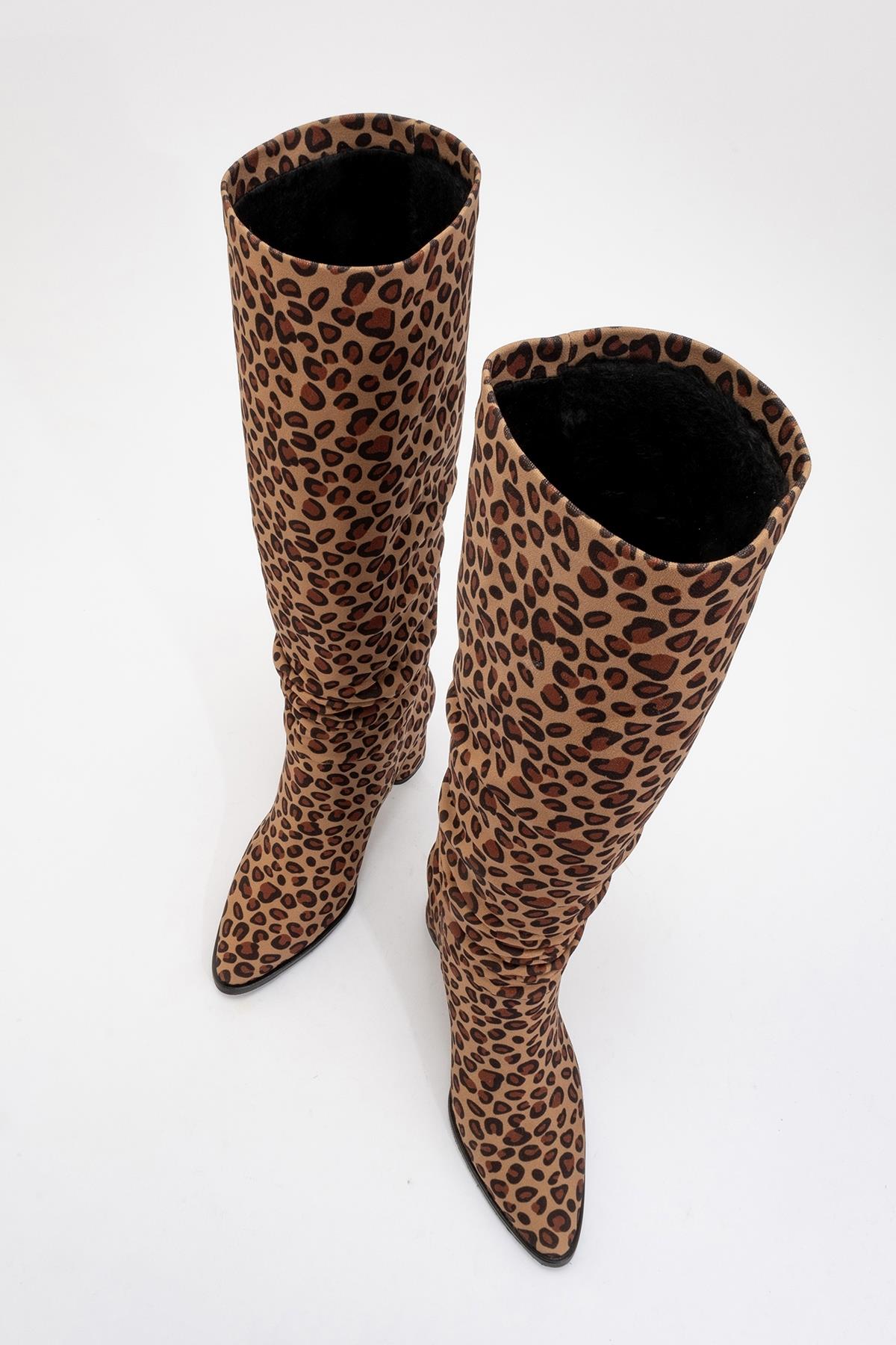 120 - Black Yellow Patterned Gusseted Knee-High Boot – side view showing leather, black, Vowalisse
