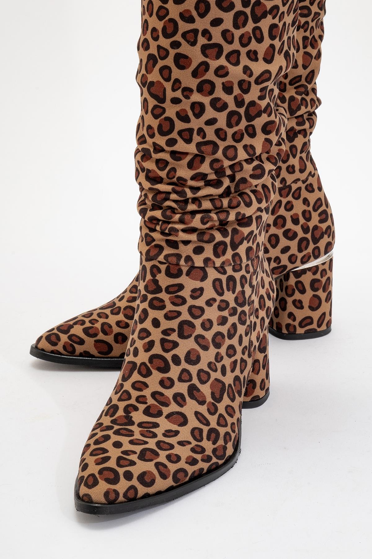 120 - Black Yellow Patterned Gusseted Knee-High Boot – detail view showing leather, black, Vowalisse