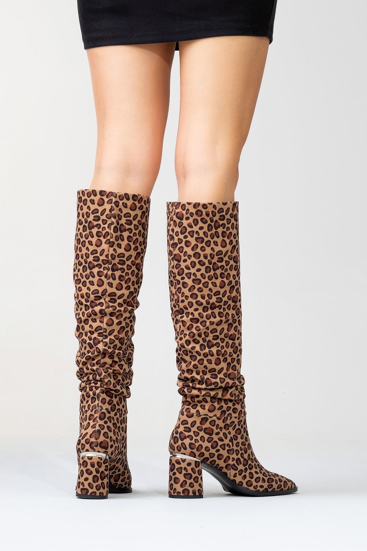 120 - Black Yellow Patterned Gusseted Knee-High Boot – top view showing leather, black, Vowalisse