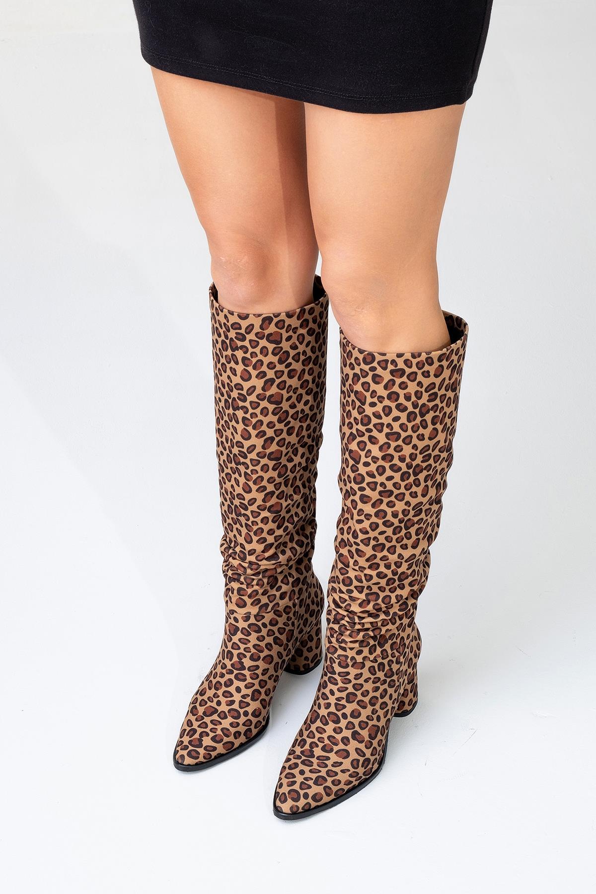 120 - Black Yellow Patterned Gusseted Knee-High Boot – pair view showing leather, black, Vowalisse