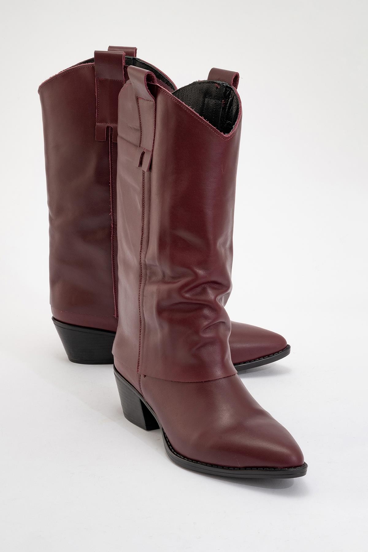 Sojo - Burgundy Genuine Leather Block Heel Short Boot – front three-quarter view showing leather, Vowalisse