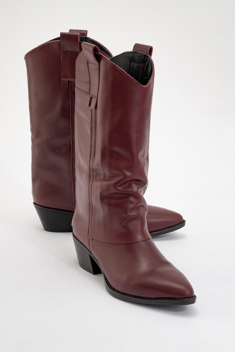 Sojo - Burgundy Genuine Leather Block Heel Short Boot