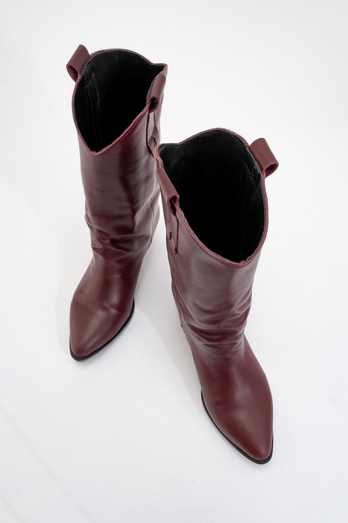 Sojo - Burgundy Genuine Leather Block Heel Short Boot – side view showing leather, Vowalisse