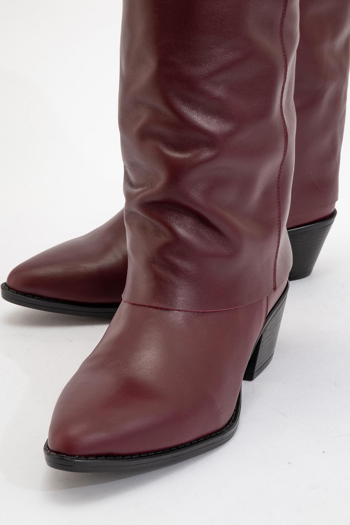 Sojo - Burgundy Genuine Leather Block Heel Short Boot – detail view showing leather, Vowalisse