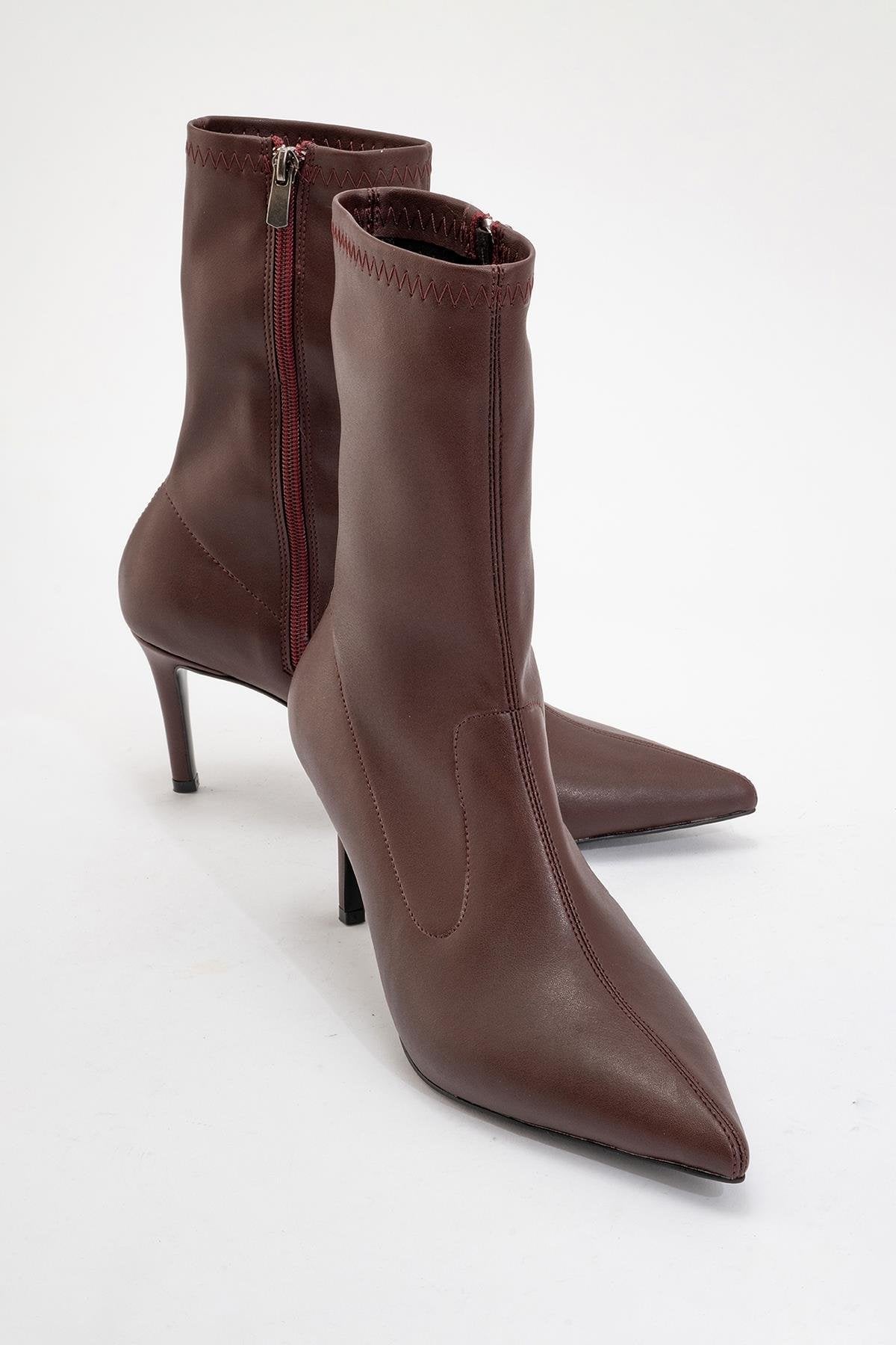 Thalin - Burgundy Pointed Toe Stiletto Boot – front three-quarter view showing leather, Vowalisse