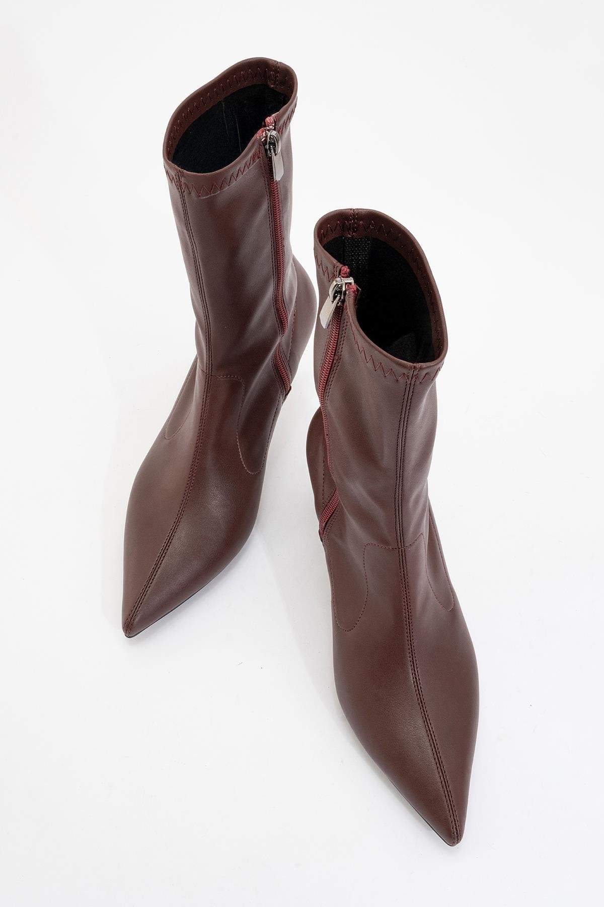 Thalin - Burgundy Pointed Toe Stiletto Boot – side view showing leather, Vowalisse