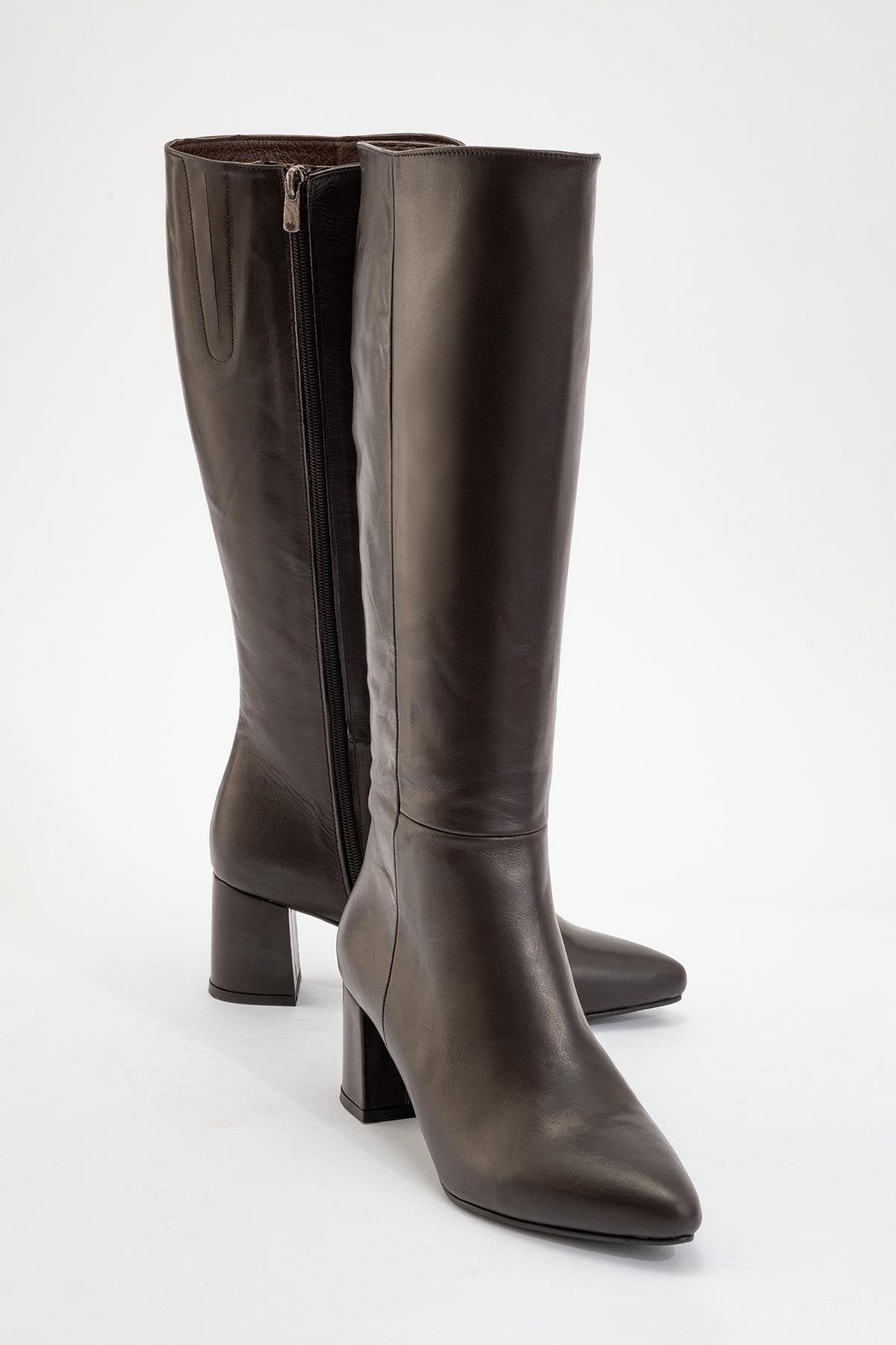 Sejas - Cognac Genuine Leather Block Heel Knee-High Boot – front three-quarter view showing leather, Vowalisse