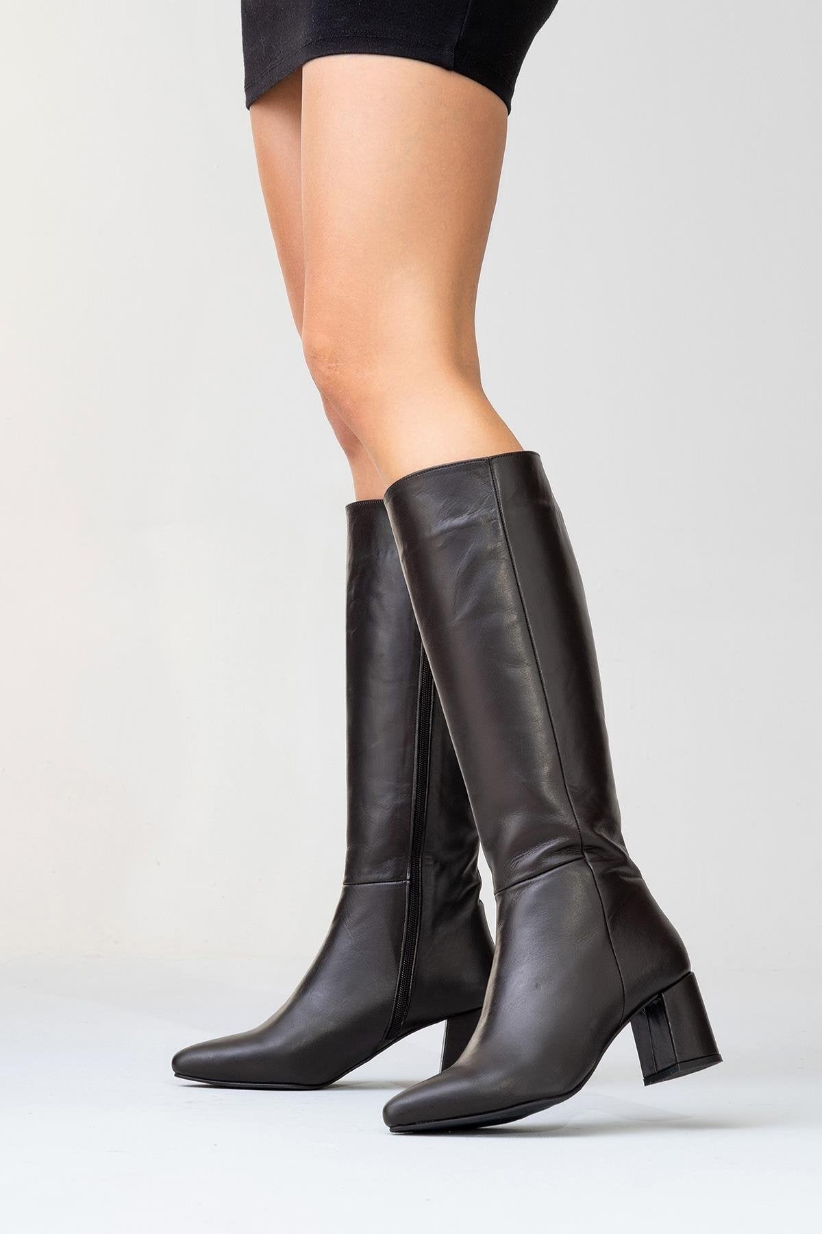 Sejas - Cognac Genuine Leather Block Heel Knee-High Boot – pair view showing leather, Vowalisse