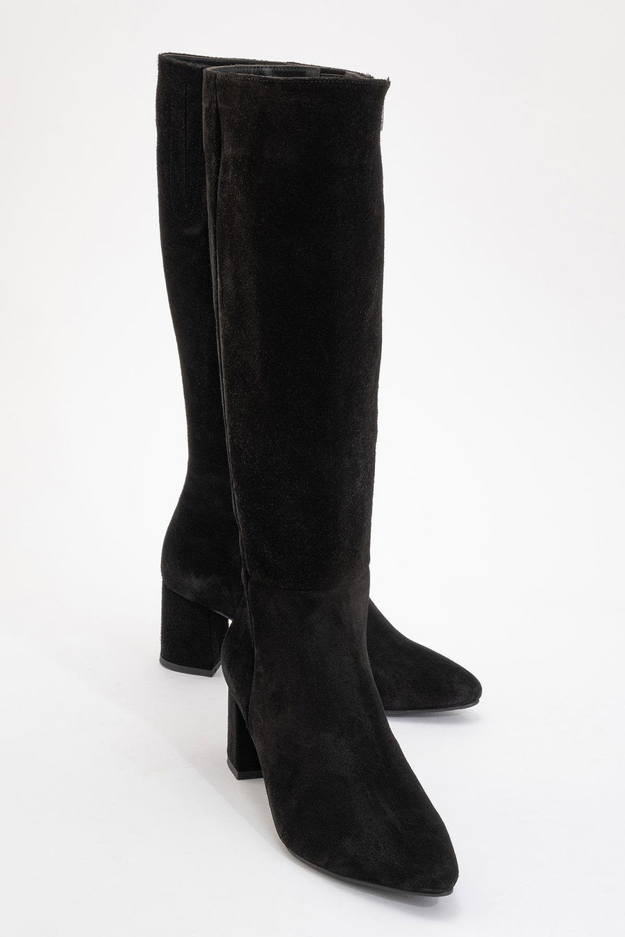 Sejas - Black Suede Genuine Leather Block Heel Knee-High Boot