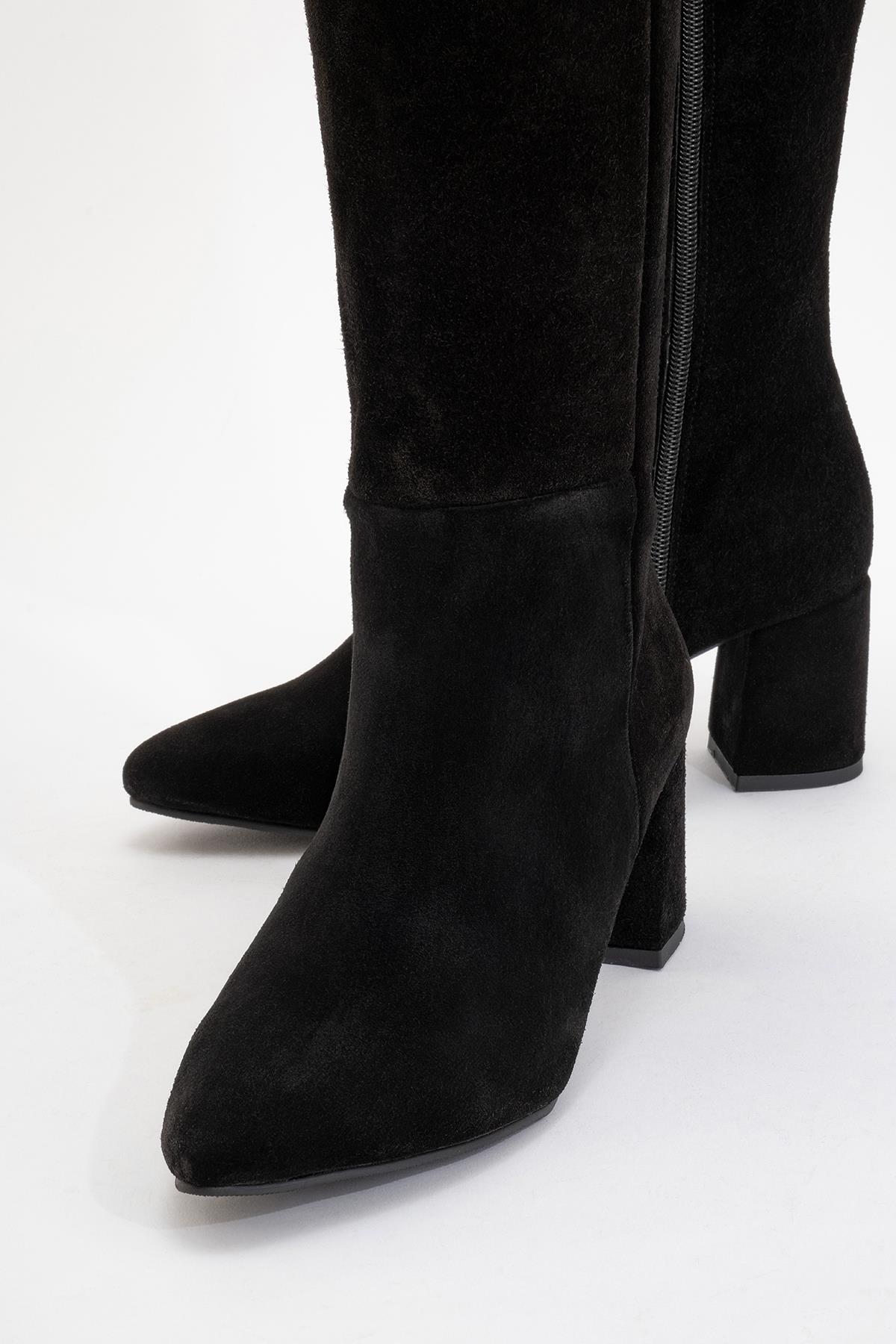 Sejas - Black Suede Genuine Leather Block Heel Knee-High Boot – detail view showing leather, suede, black, Vowalisse