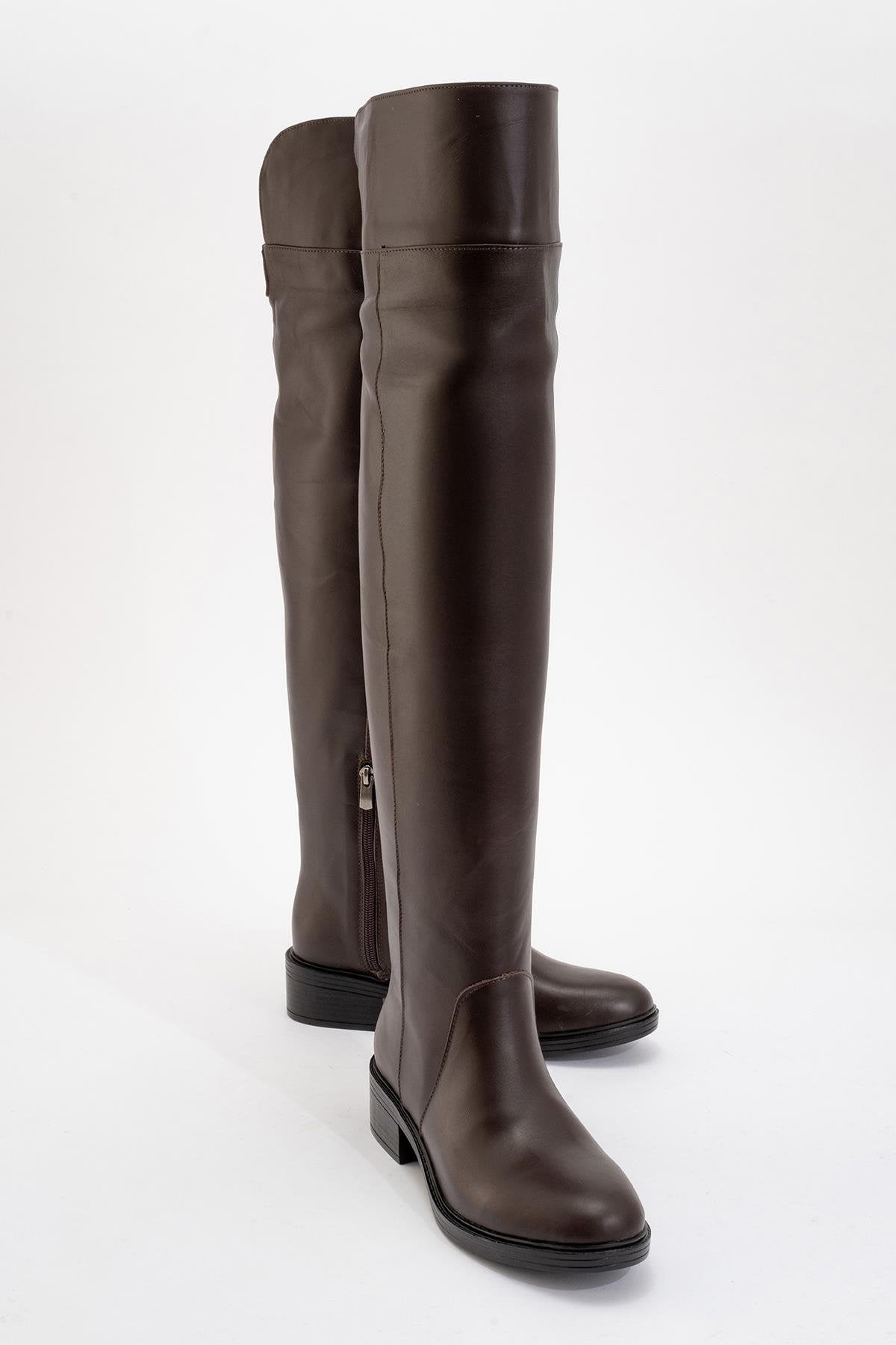 Petya - Brown Genuine Leather Over-The-Knee Boot – front three-quarter view showing leather, Vowalisse