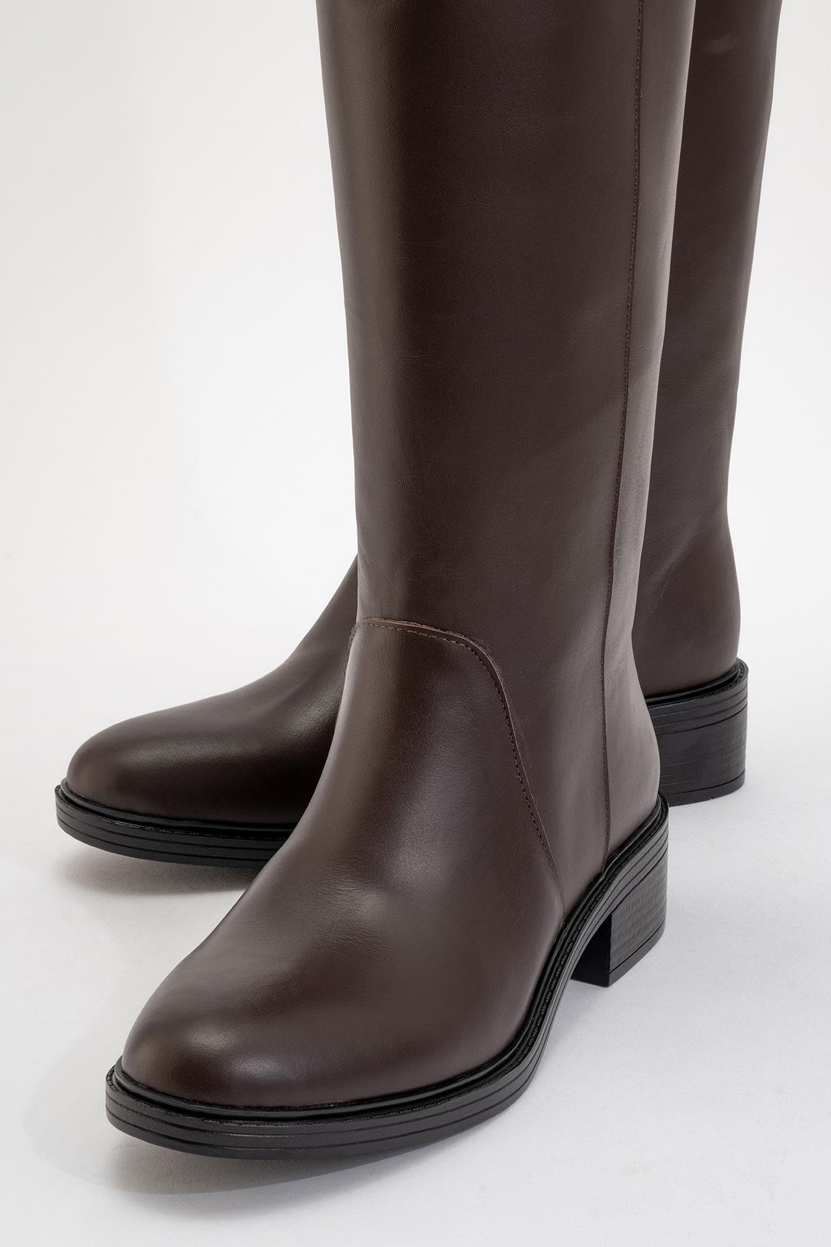 Petya - Brown Genuine Leather Over-The-Knee Boot – detail view showing leather, Vowalisse