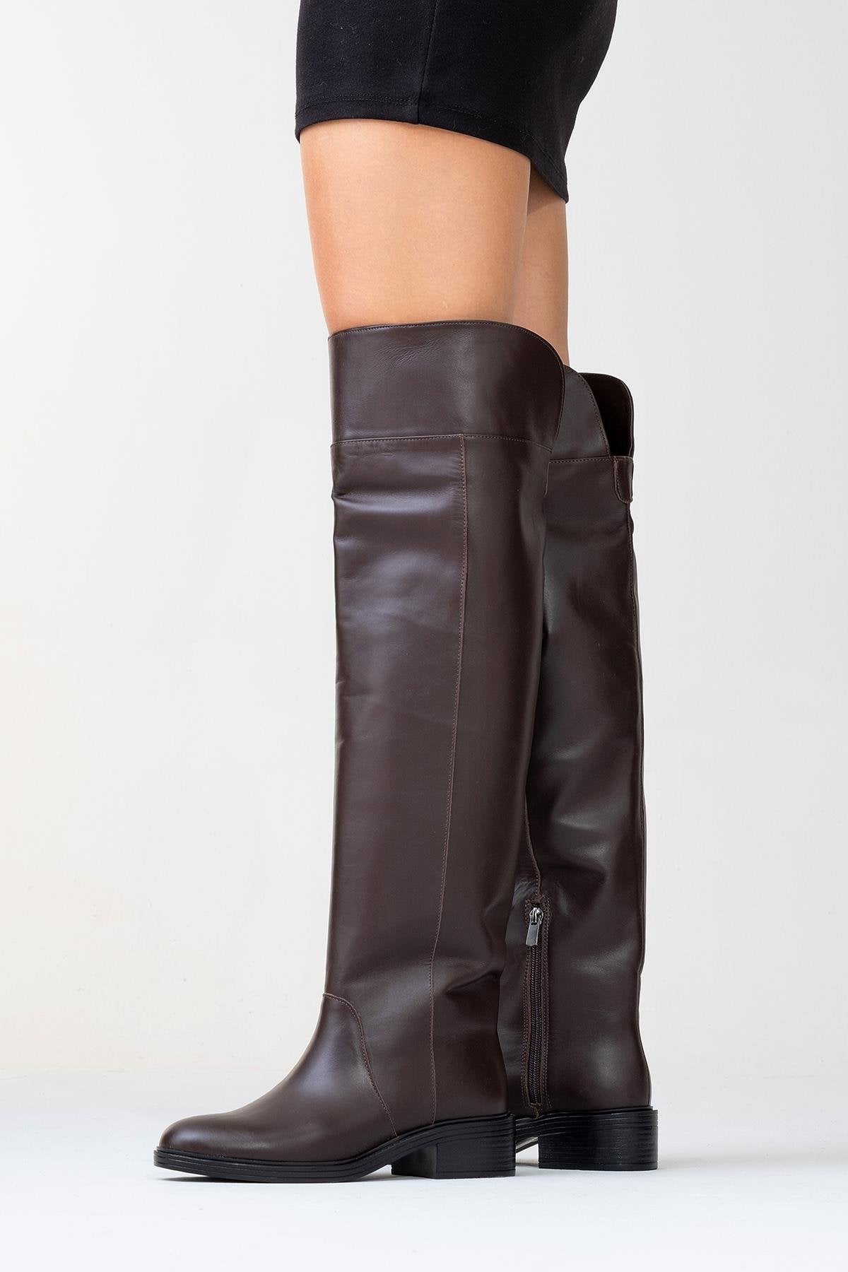 Petya - Brown Genuine Leather Over-The-Knee Boot – back view showing leather, Vowalisse
