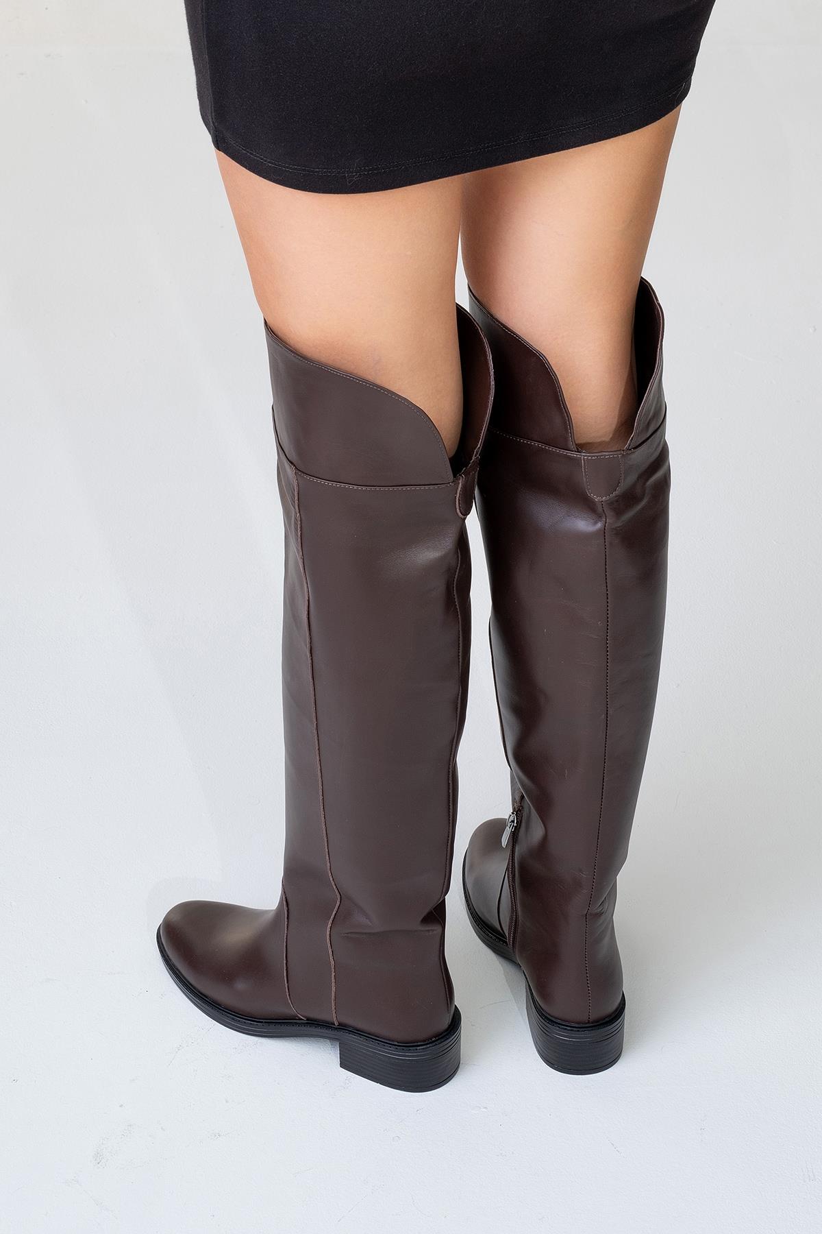 Petya - Brown Genuine Leather Over-The-Knee Boot – sole view showing leather, Vowalisse