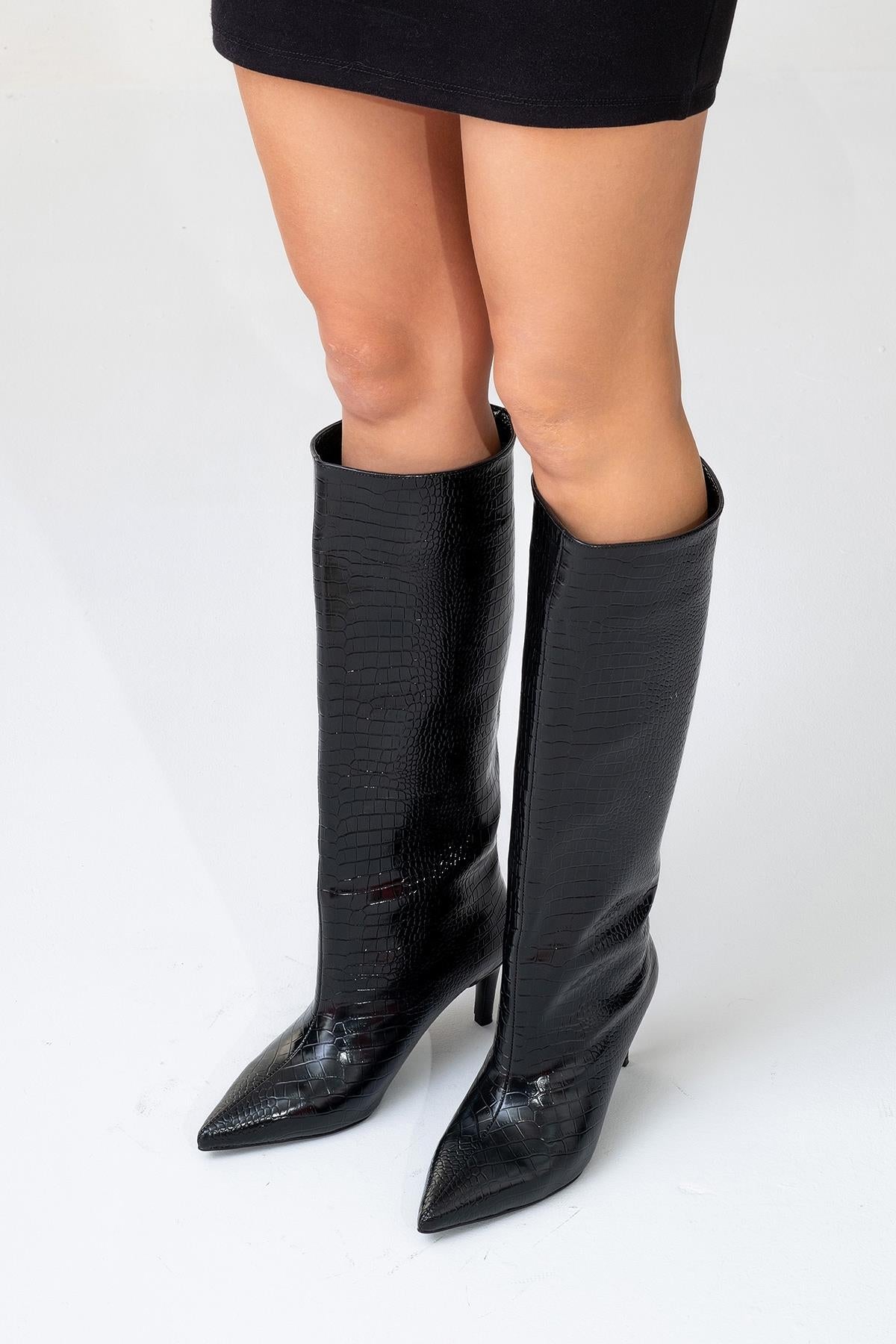 Camila - Black Printed Knee-High Boot – sole view showing leather, black, Vowalisse