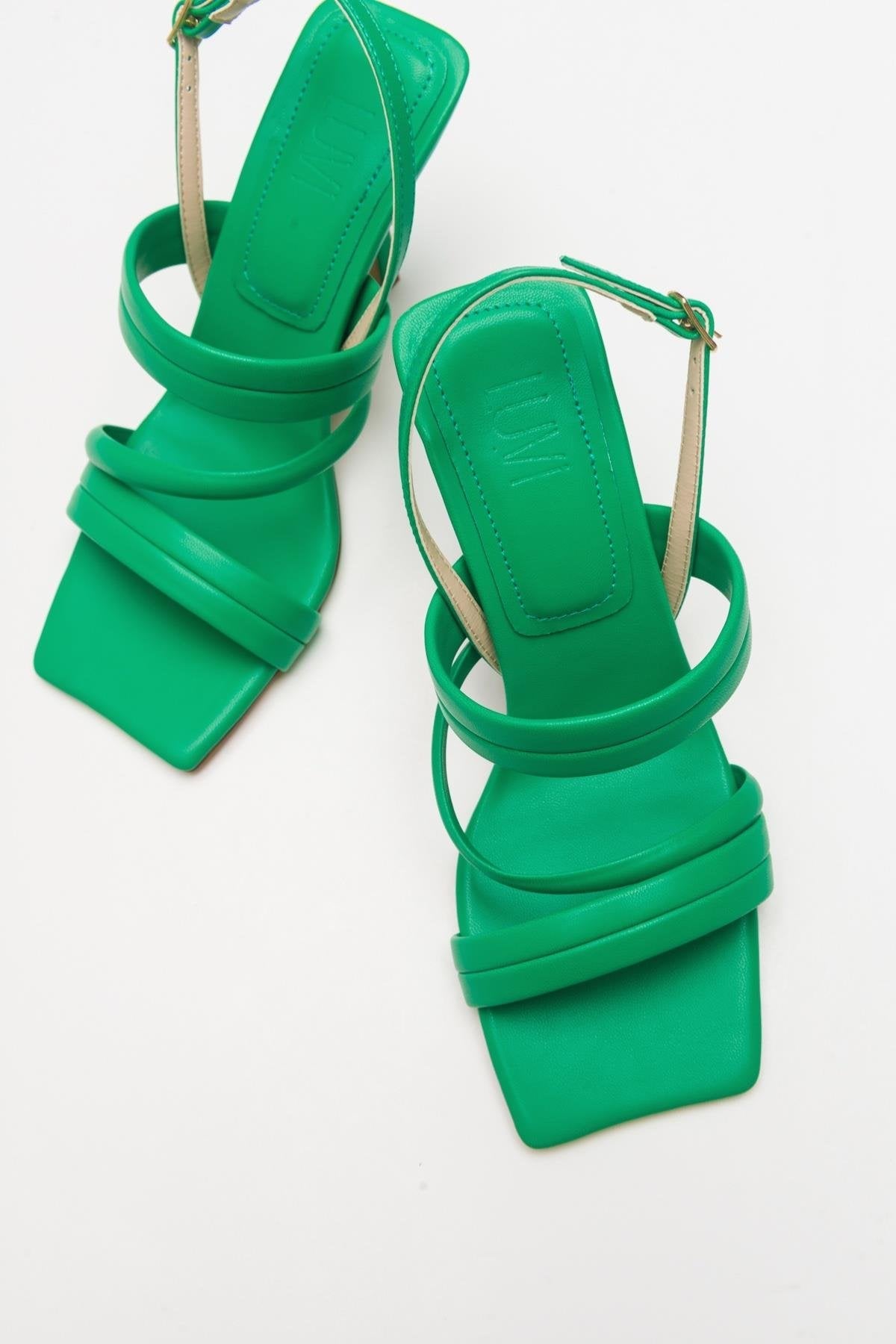 Heel - Green Heeled Sandal – side view showing leather, green, Vowalisse