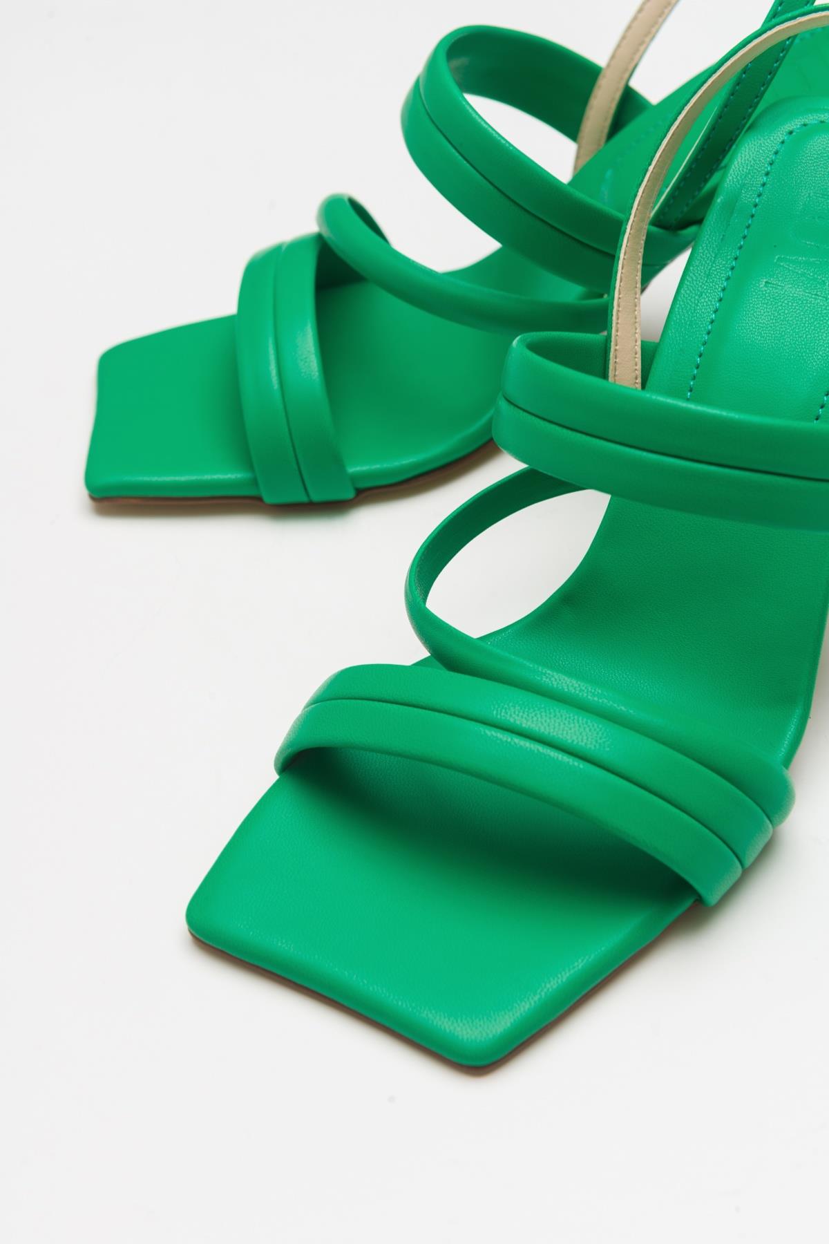 Heel - Green Heeled Sandal – heel view showing leather, green, Vowalisse