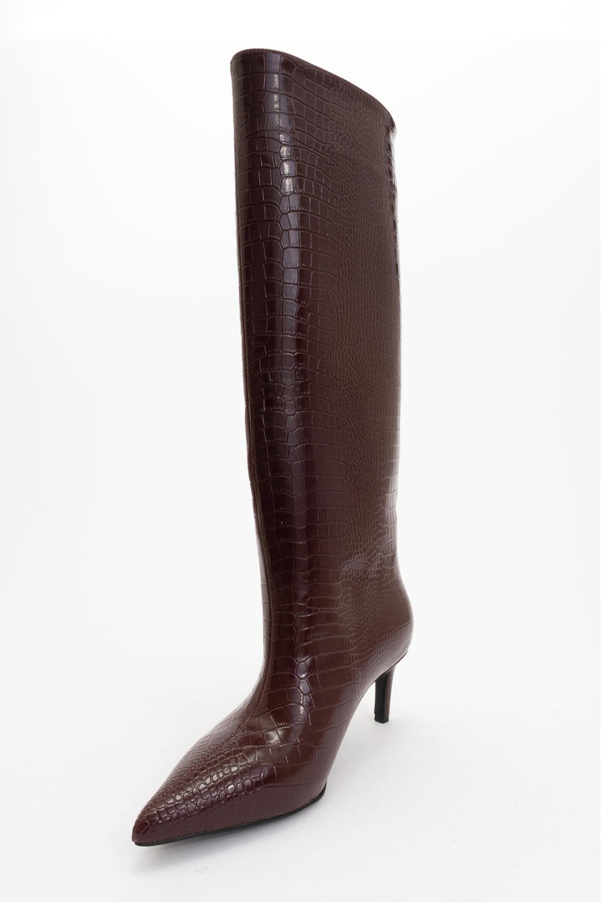 Cassandra Burgundy Pattern High‑Heel Boot – detail view showing leather, red, Vowalisse